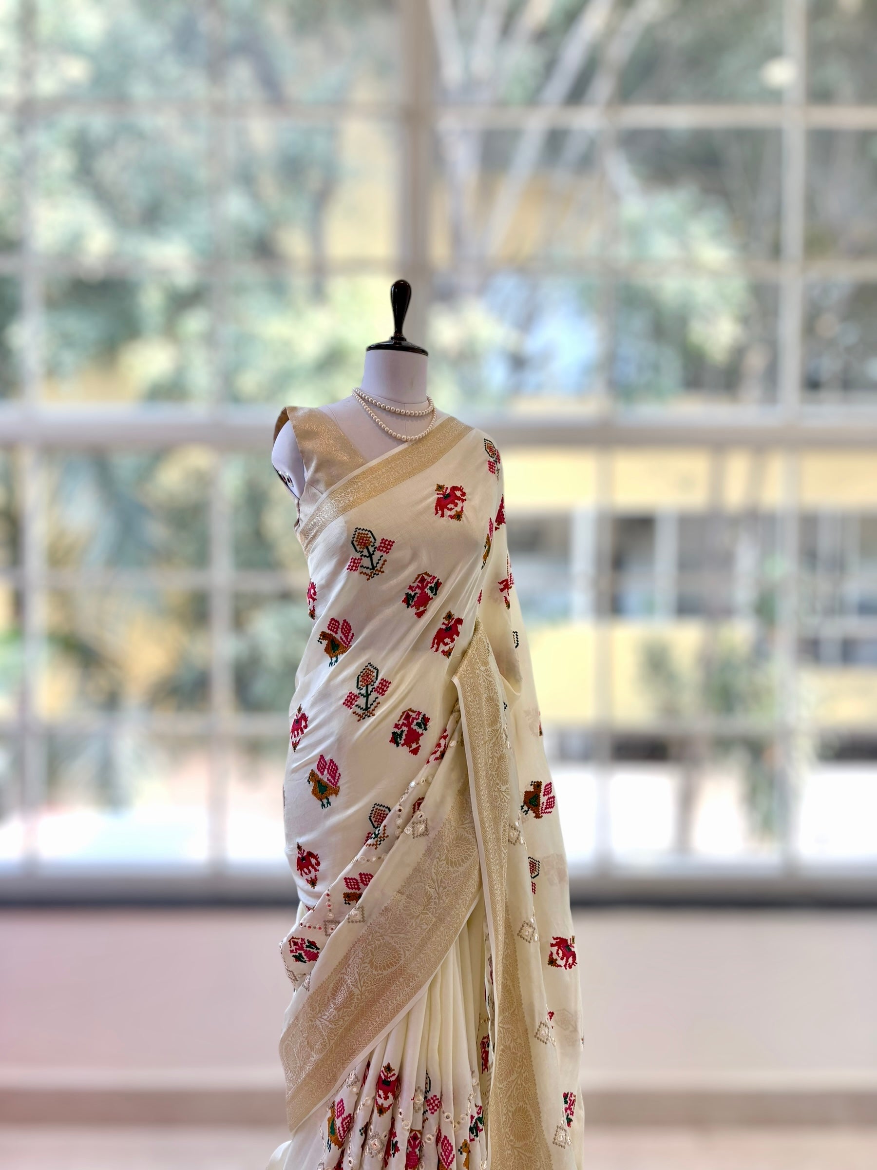 Pure resham patola mirror work saree - White