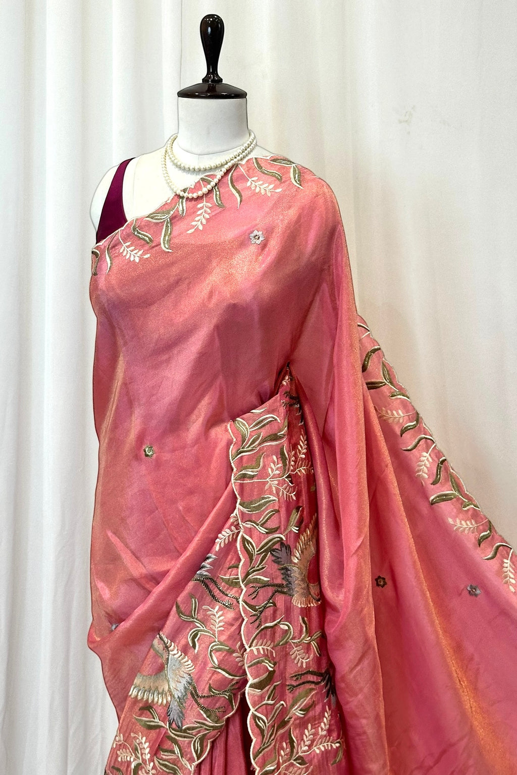 Tissue embroidered saree - Pink