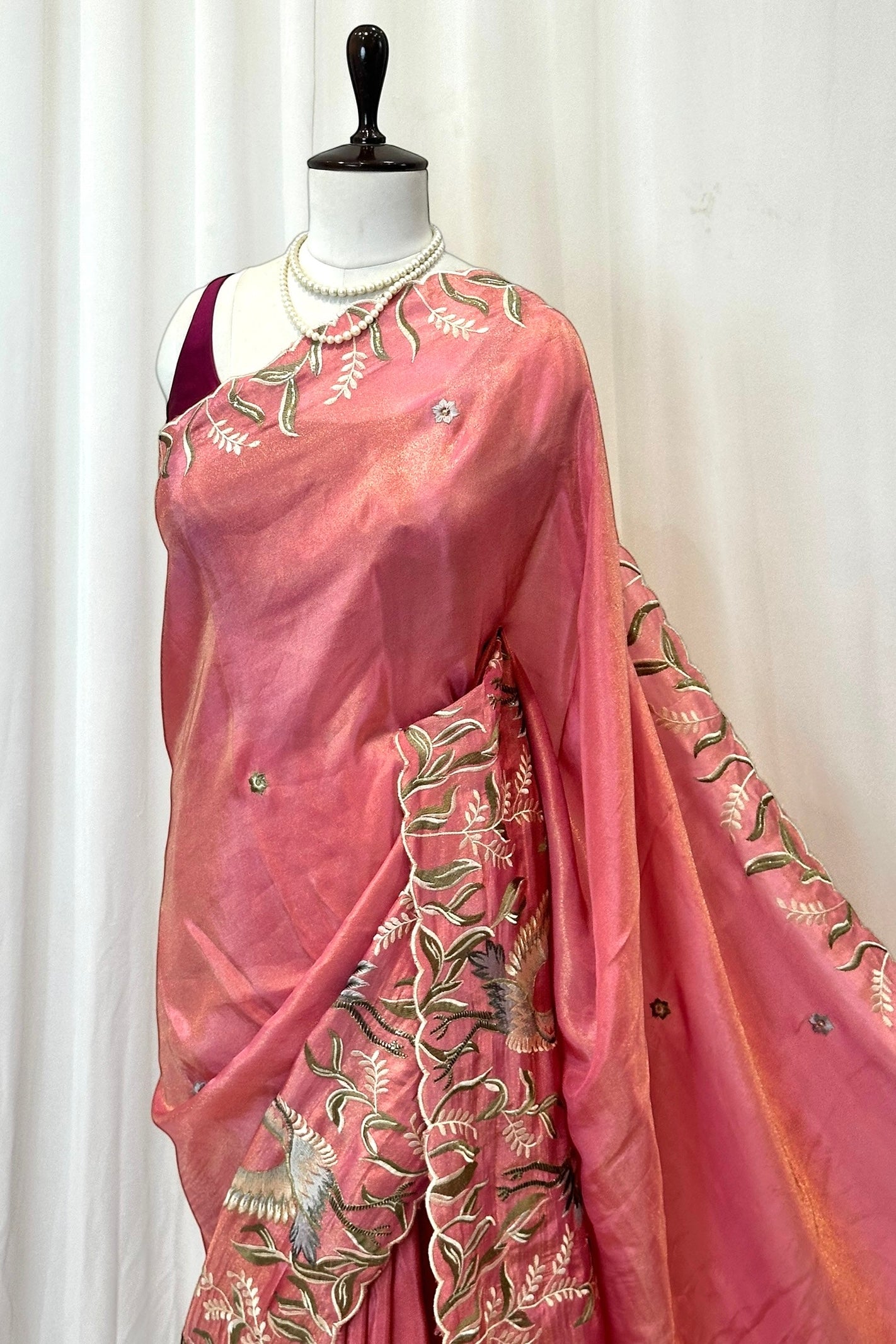 Tissue embroidered saree - Pink