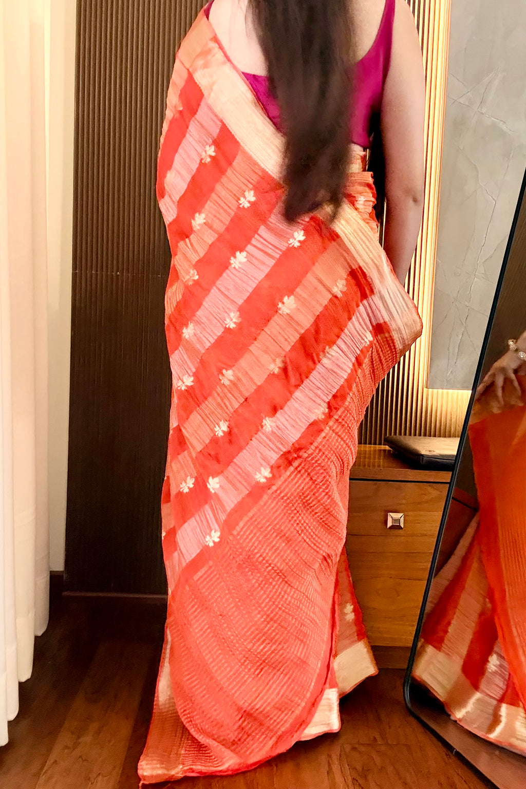 Chiffon zari stripes embroidered saree - Orange