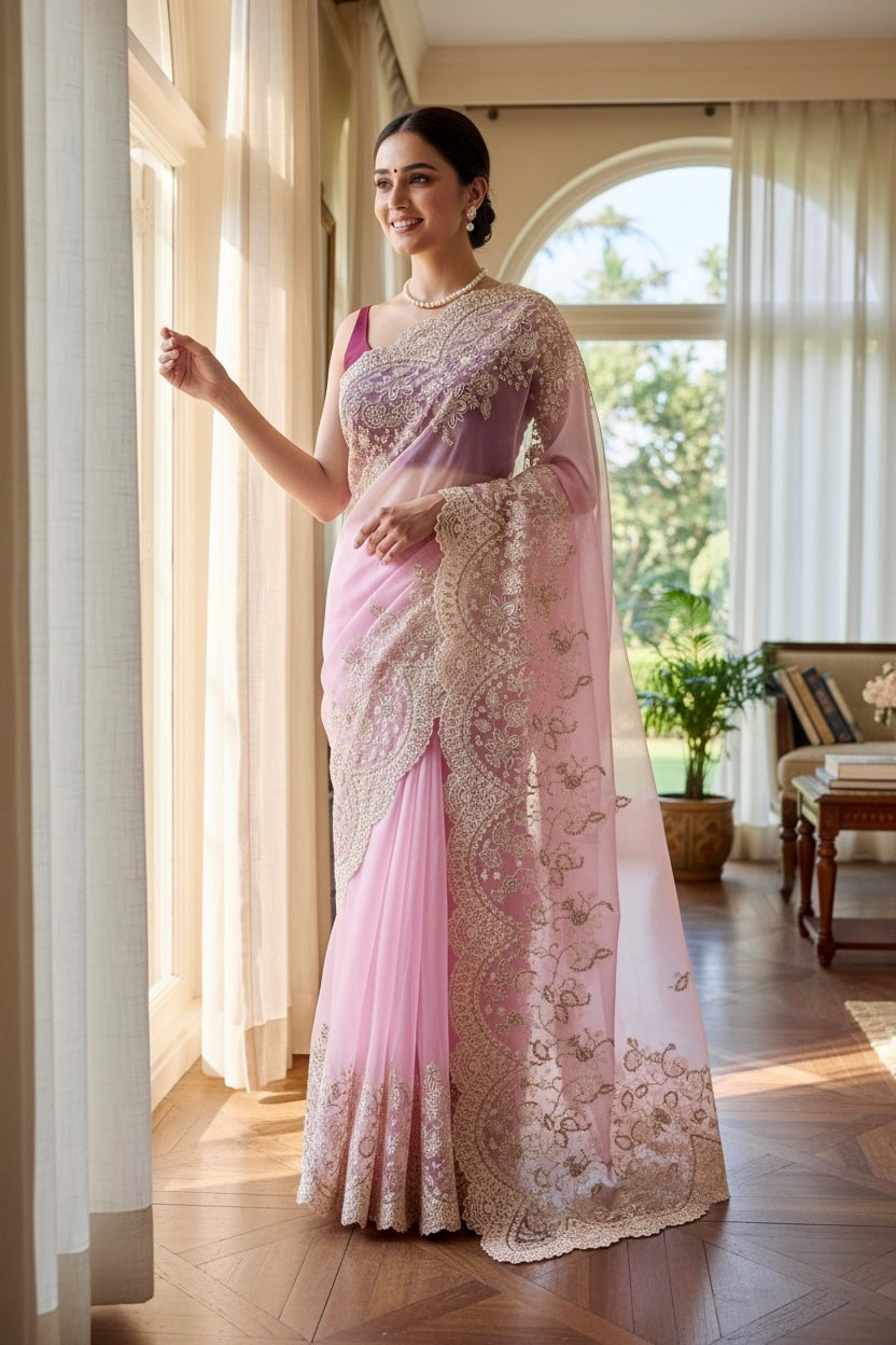 Organza zariwork saree - Pink