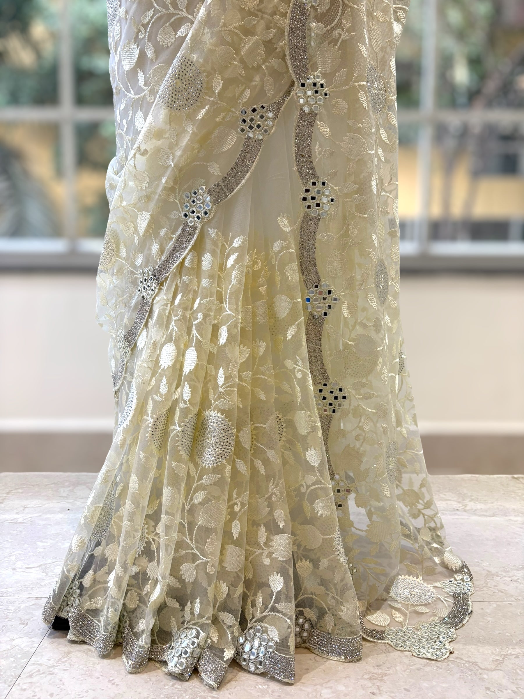 Off white floral net saree