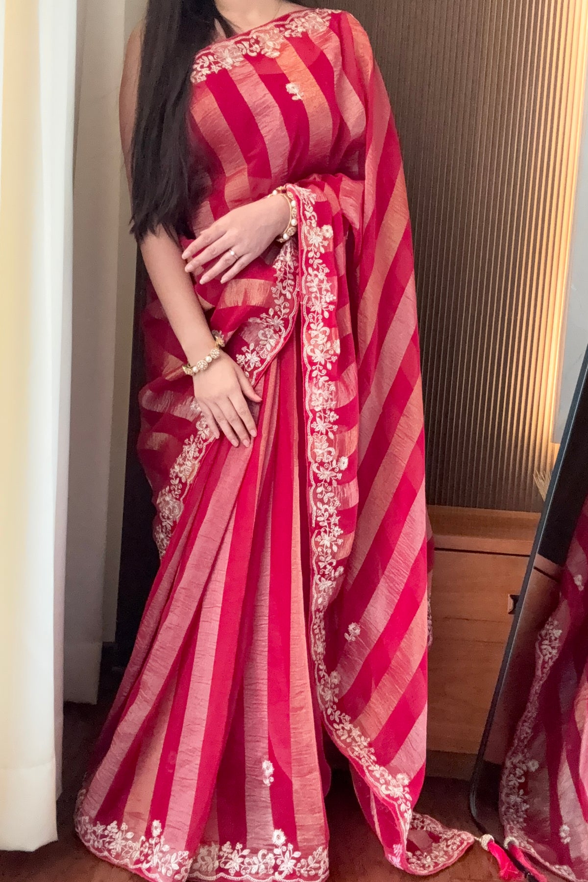 Red zari stipes aariwork saree