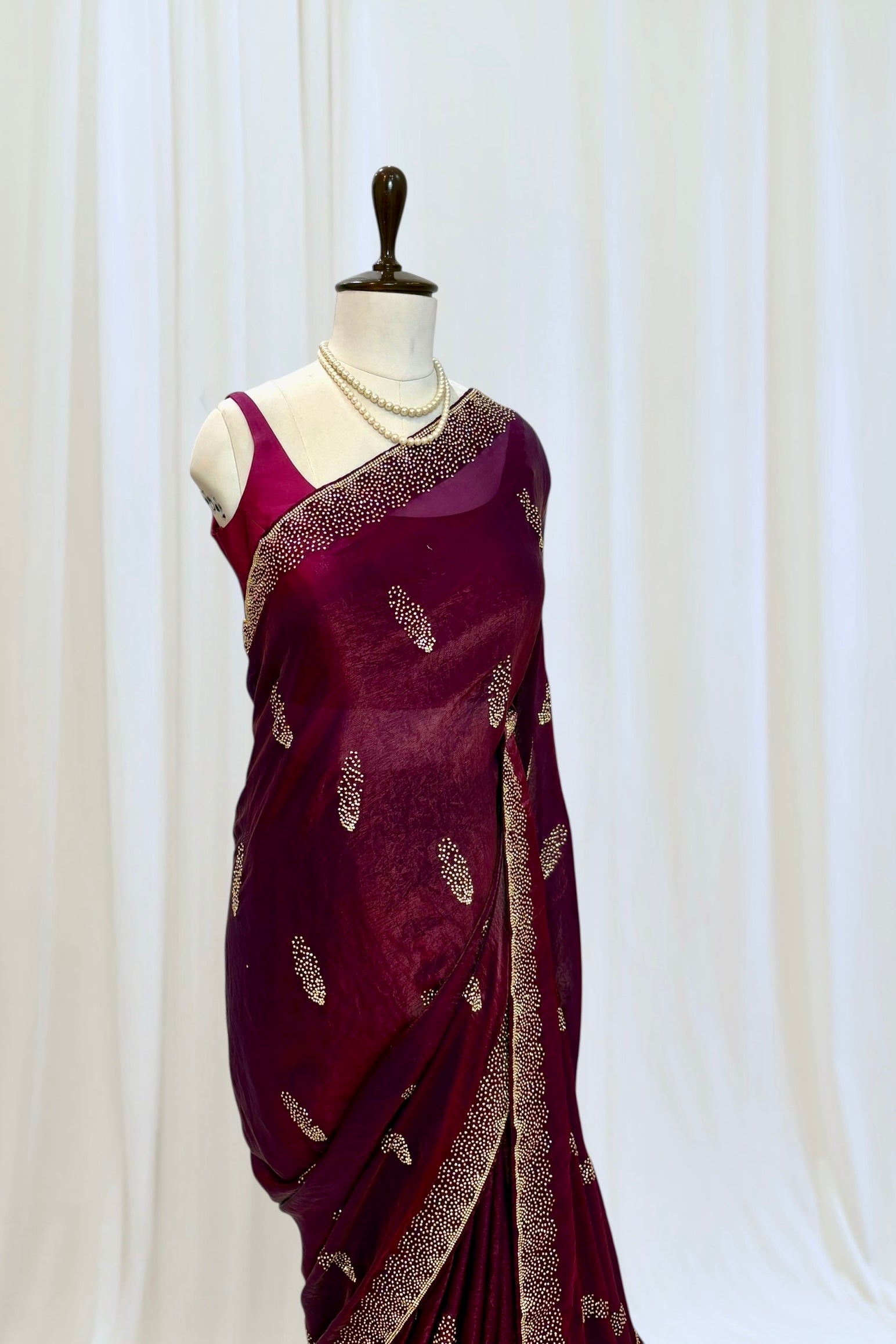 Wine swarovski fendy satin saree