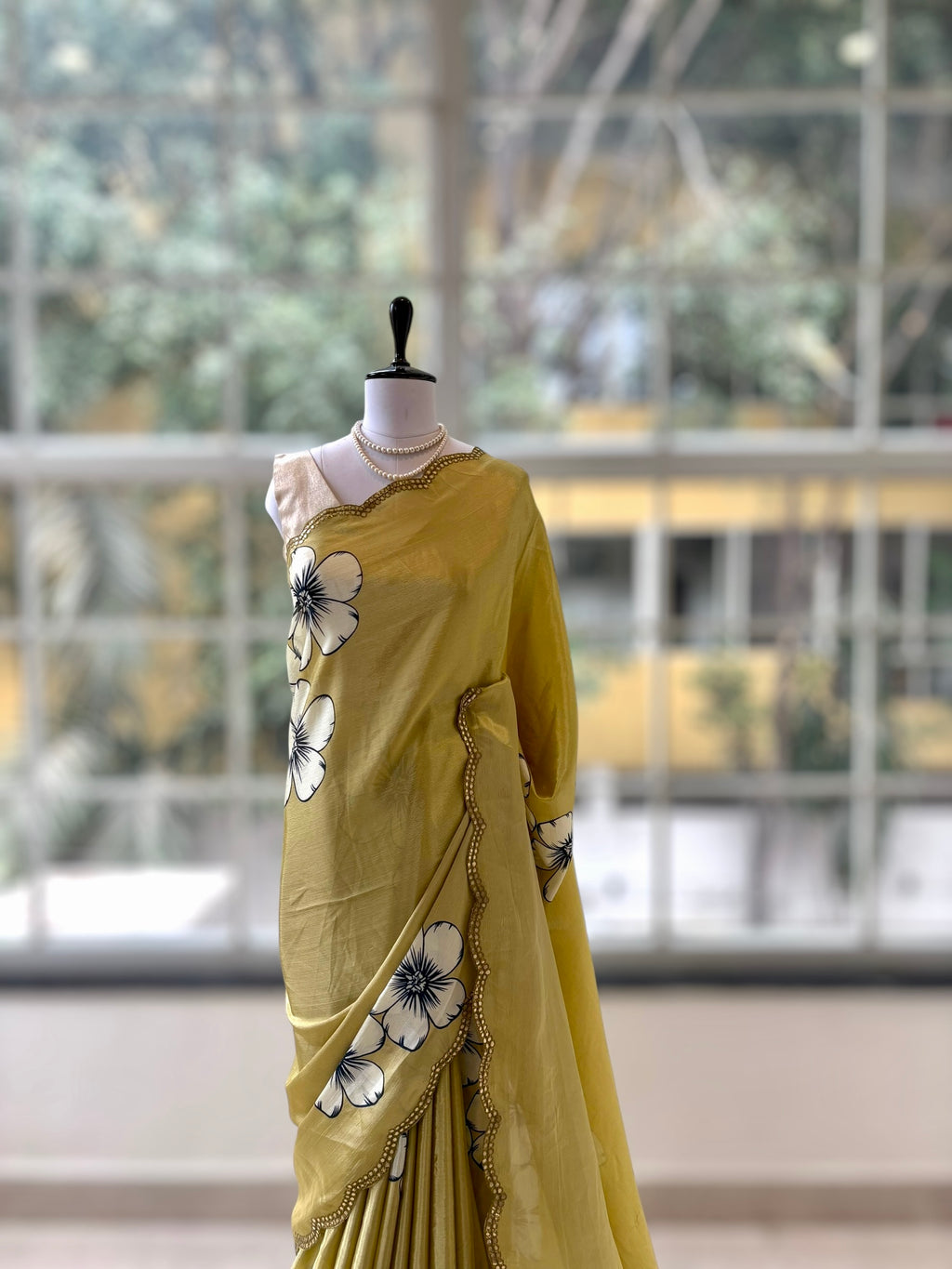 Floral print scallop saree - Lime yellow