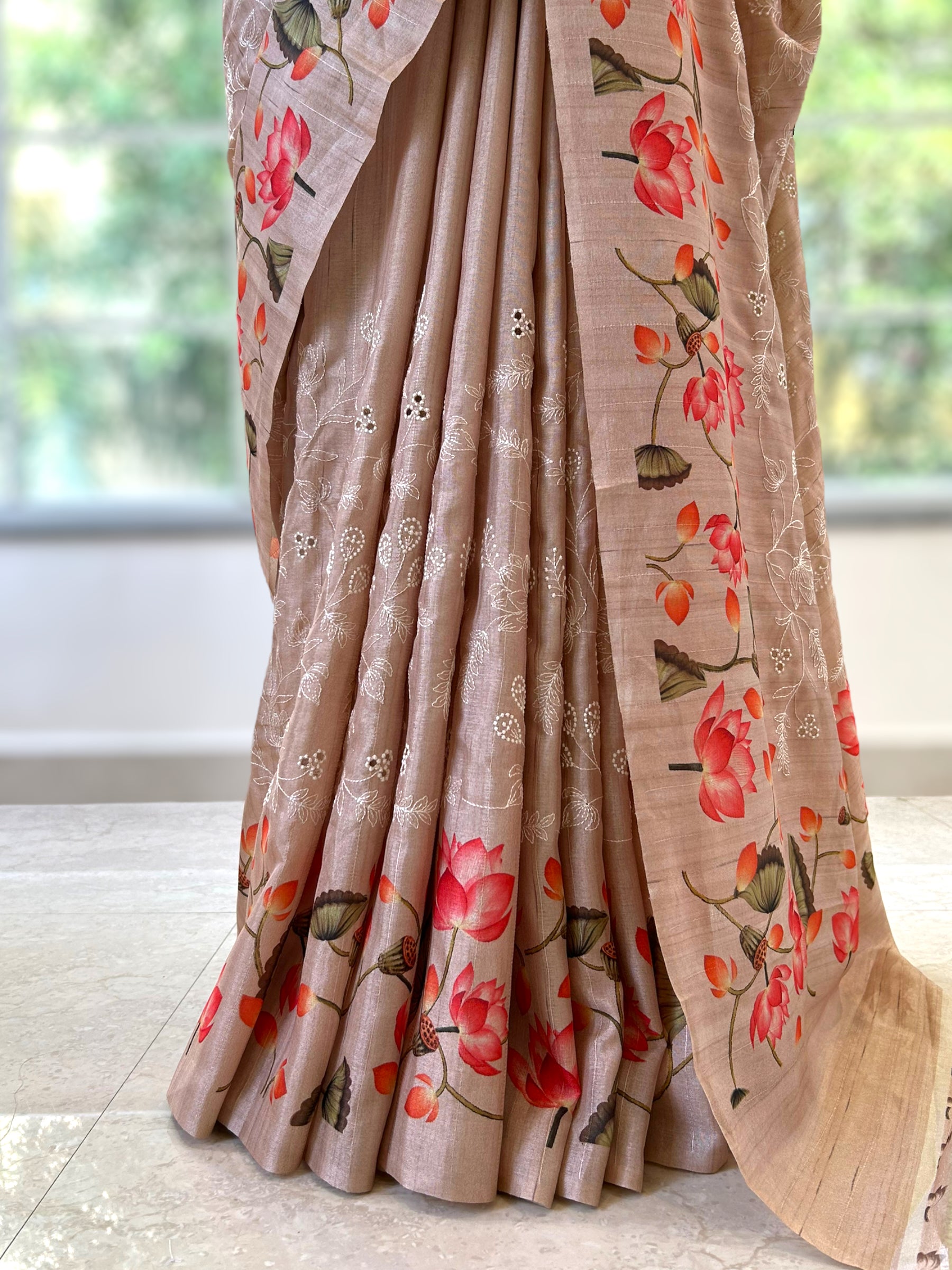 Floral tussar silk saree - Golden