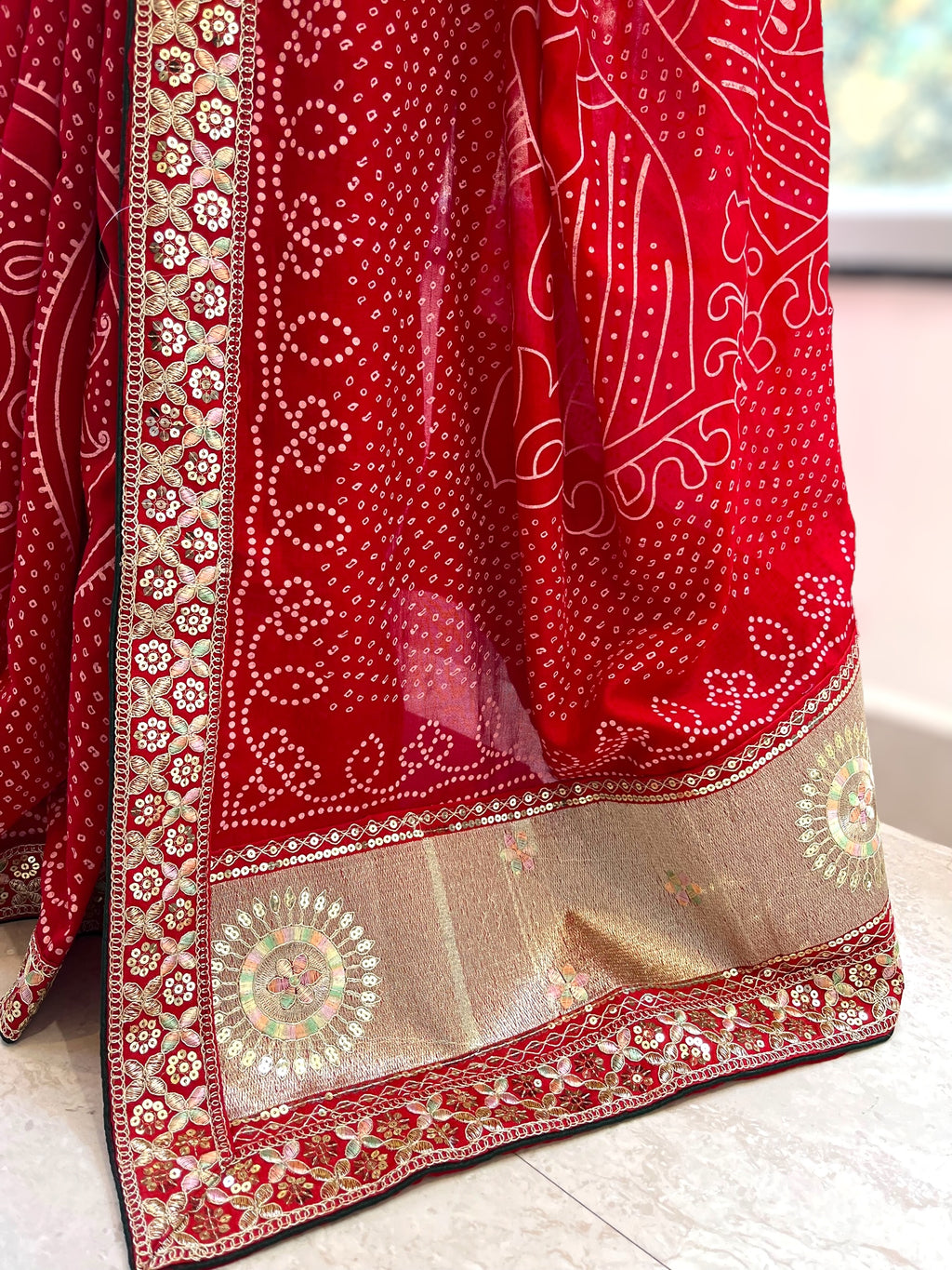Red Bandhani Printed Saree
