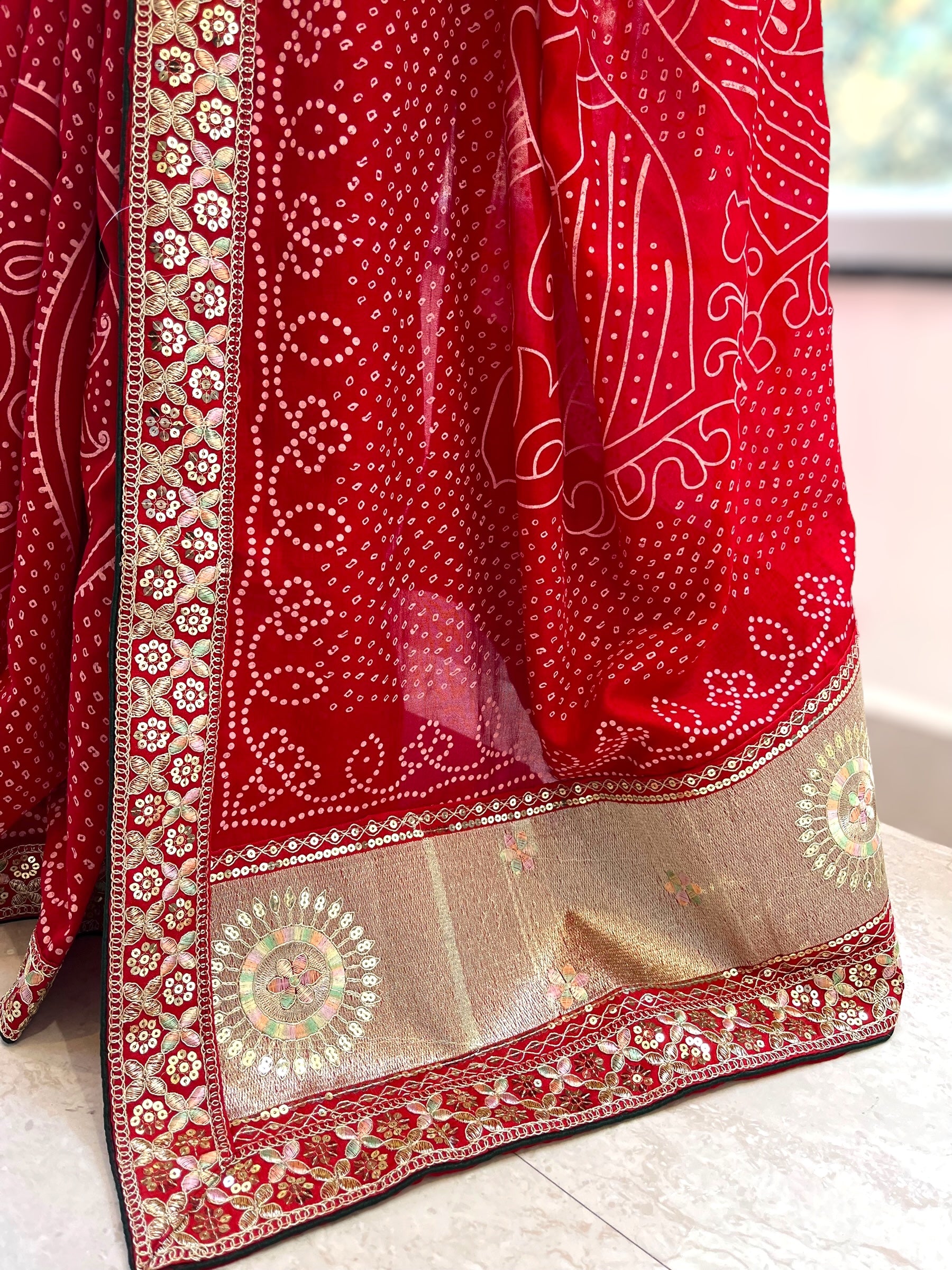 Red Bandhani Printed Saree