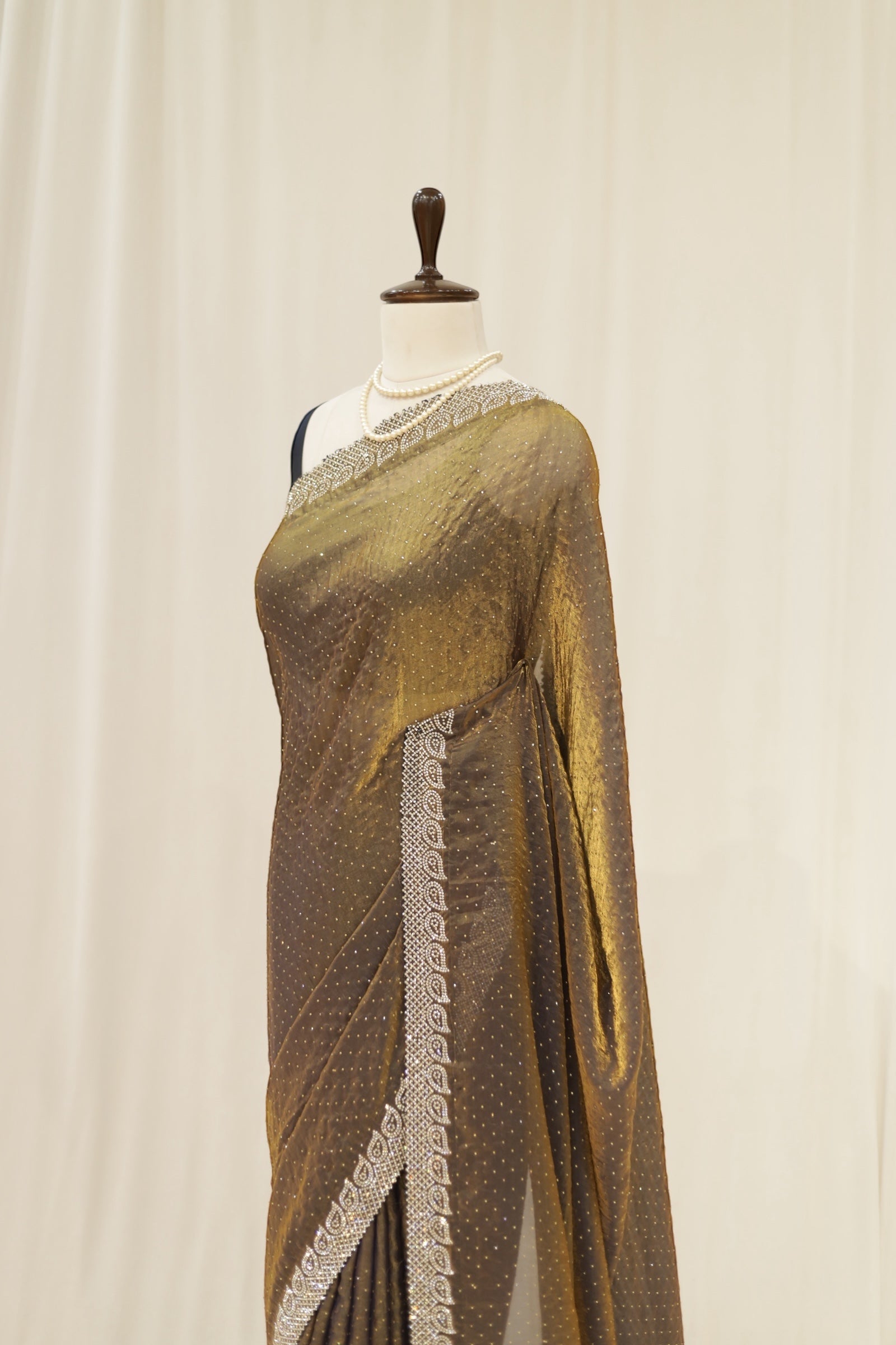 Golden fendy satin shimmer saree
