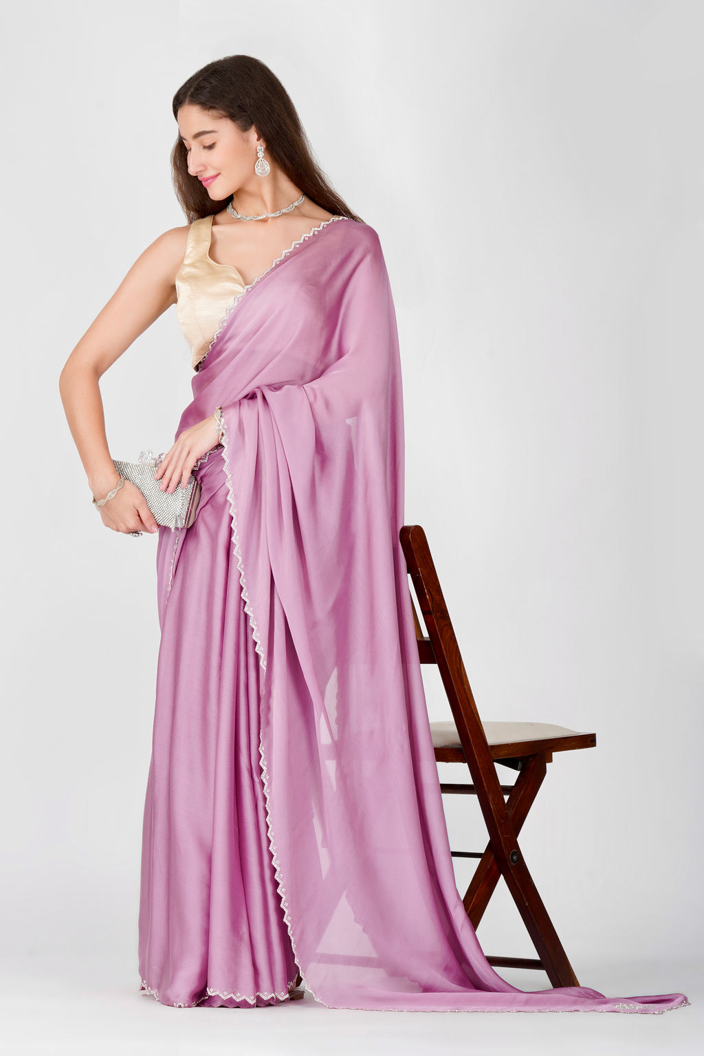 Pink swarovski embellished chiffon saree