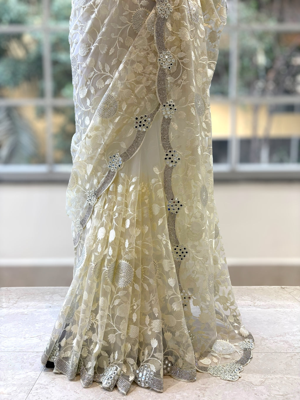 Off white floral net saree