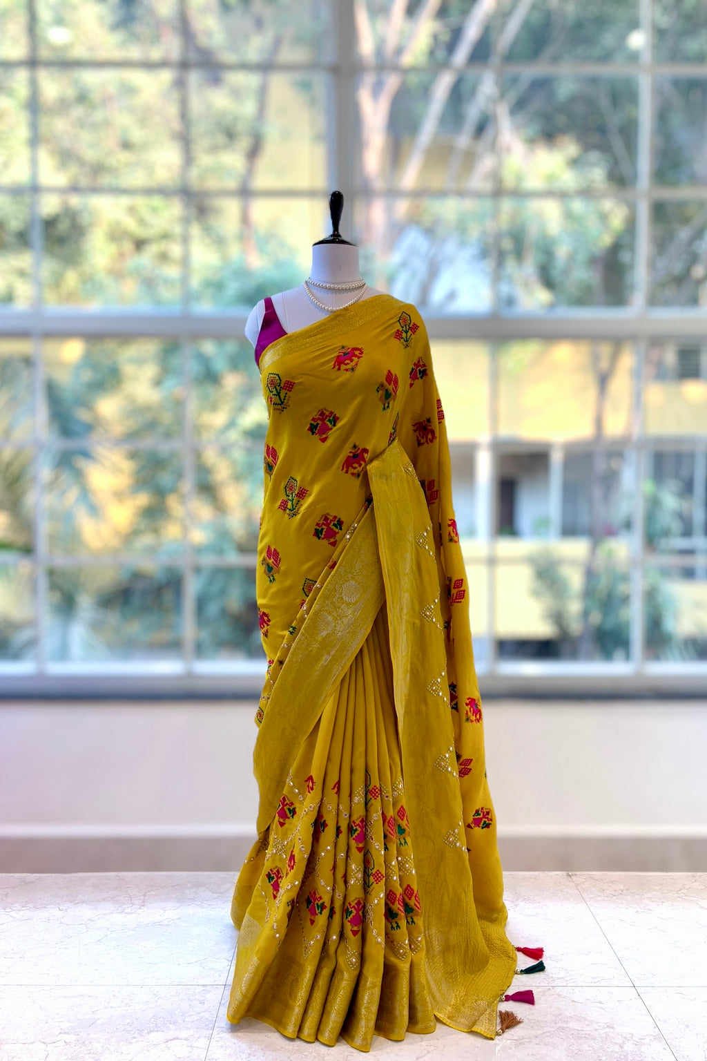 Pure resham patola mirror work saree - Mustard