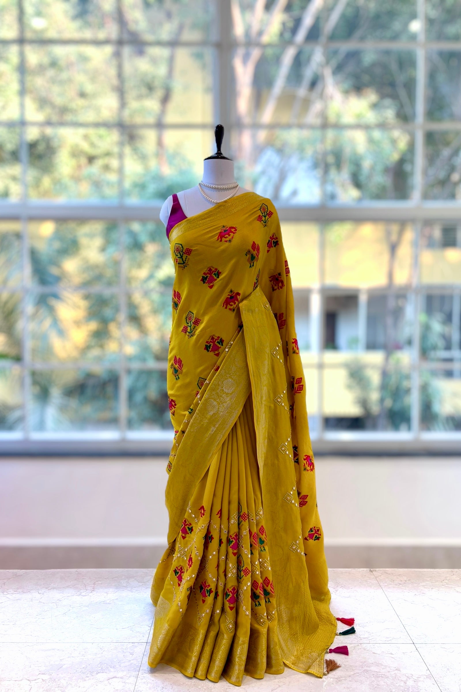 Pure resham patola mirror work saree - Mustard