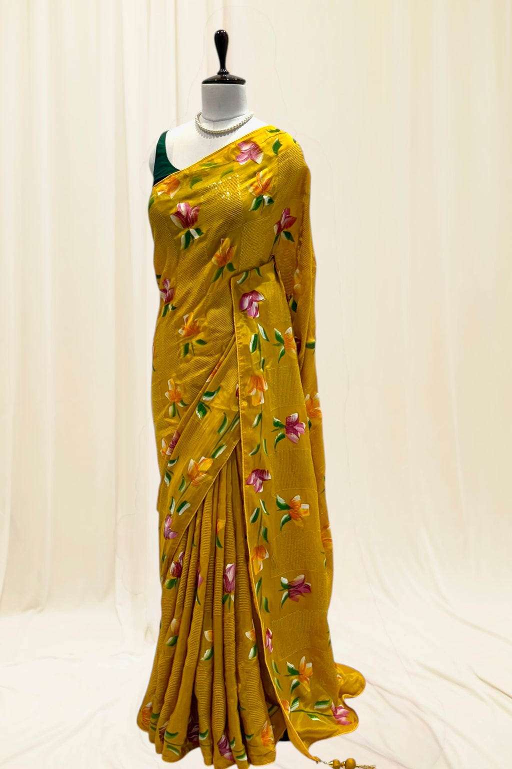 Floral sequins organza saree - Musturd