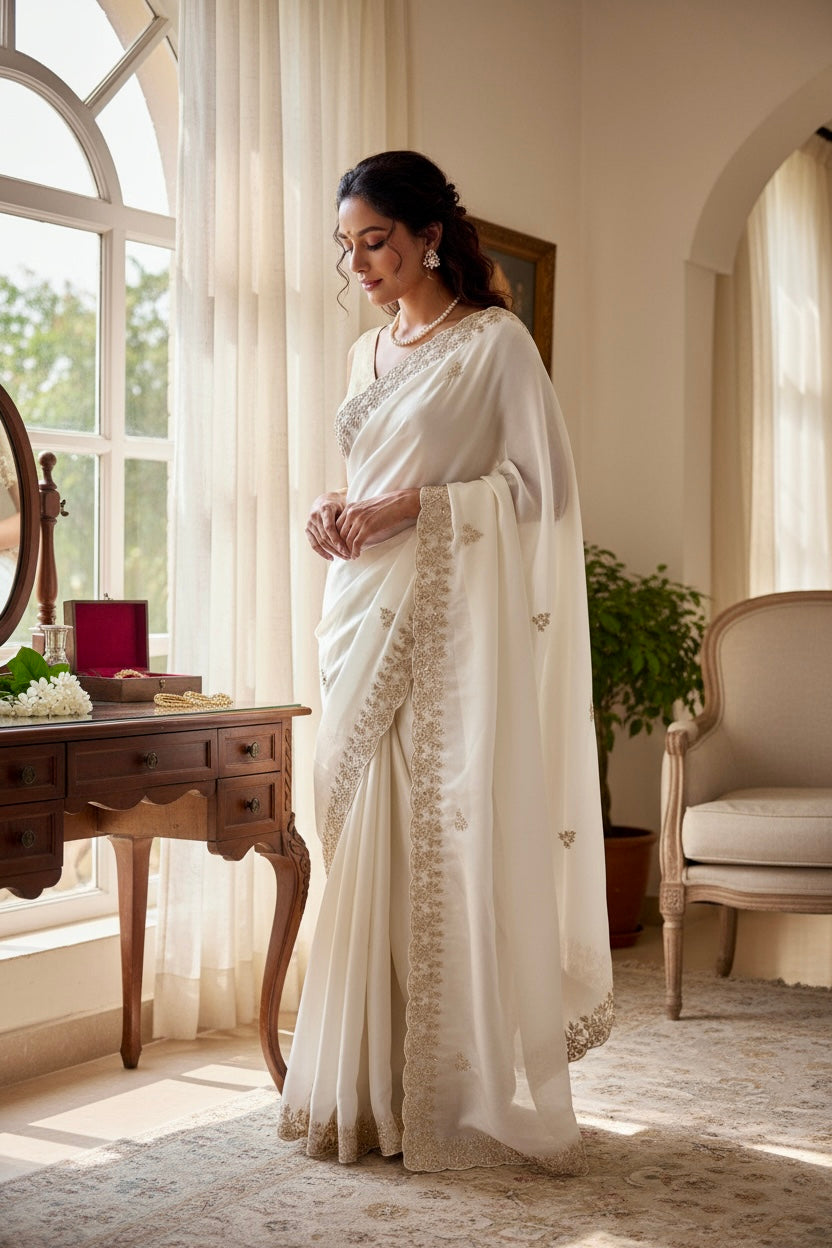 Satin chiffon aari work saree - White