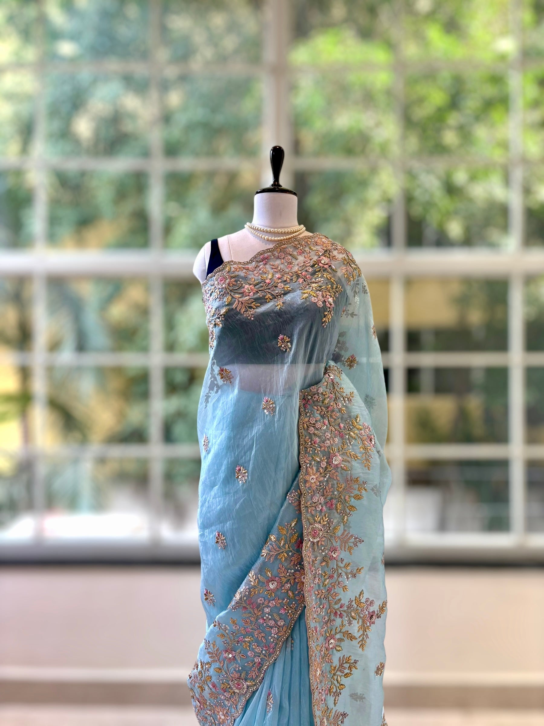 Blue Organza Embellished Saree