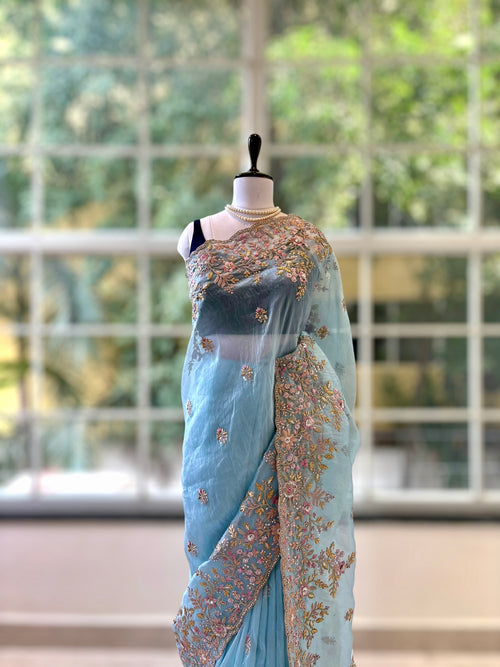 Blue Organza Embellished Saree