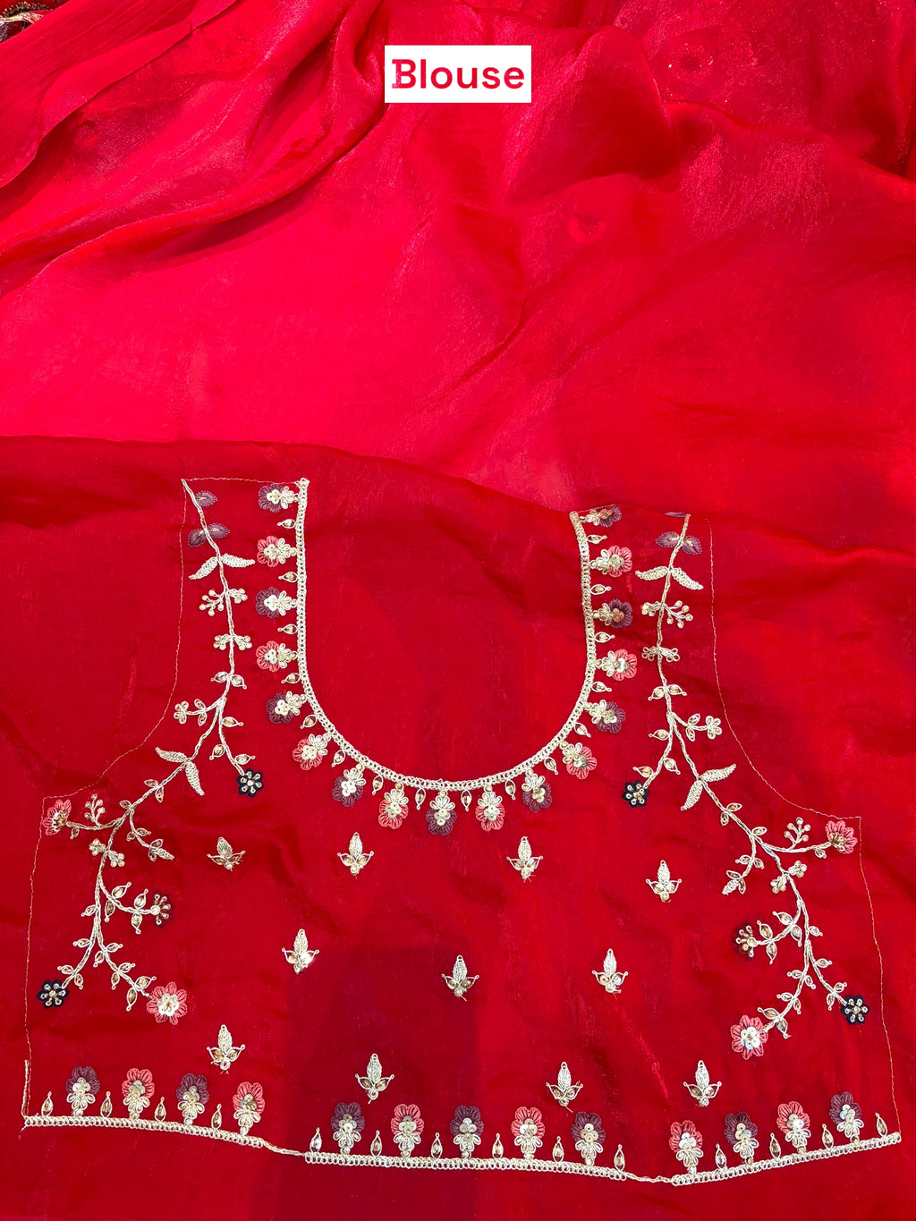 Red fendy satin designer work saree