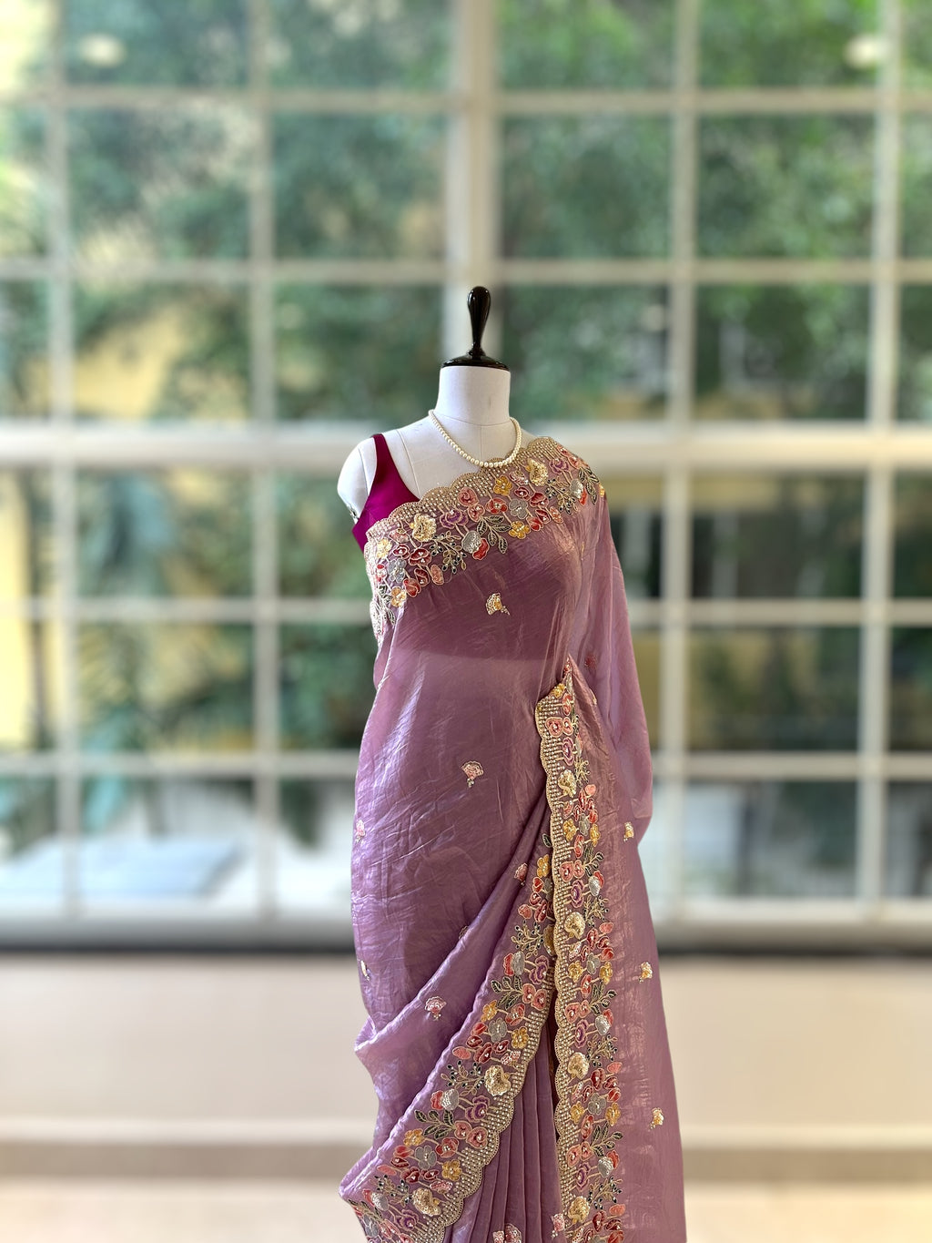 Pearl embroidered organza saree - Lilac