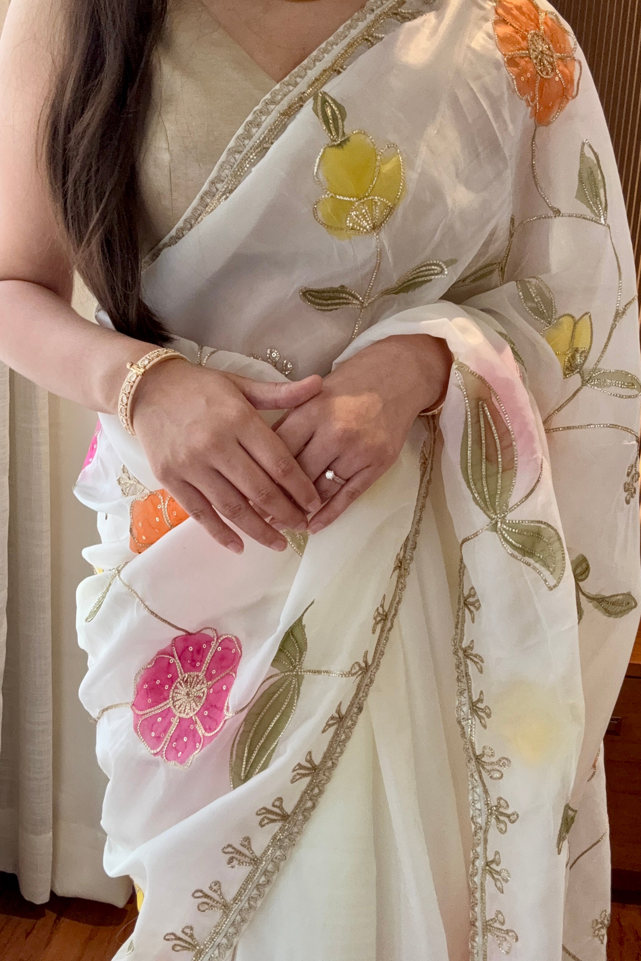 White floral multicolour organza saree