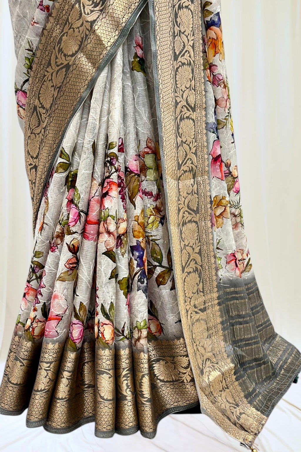 Printed zari chiffon saree