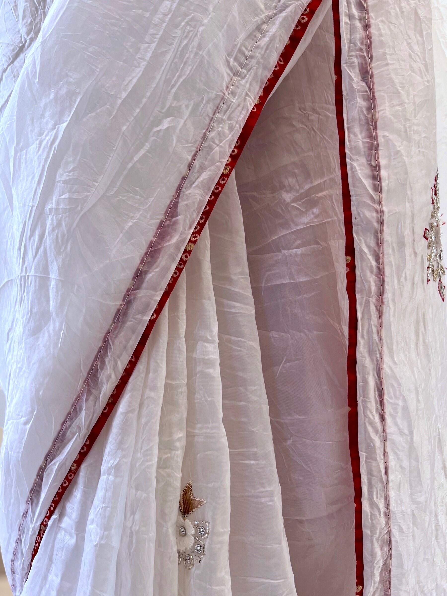 White crushed organza embellished saree
