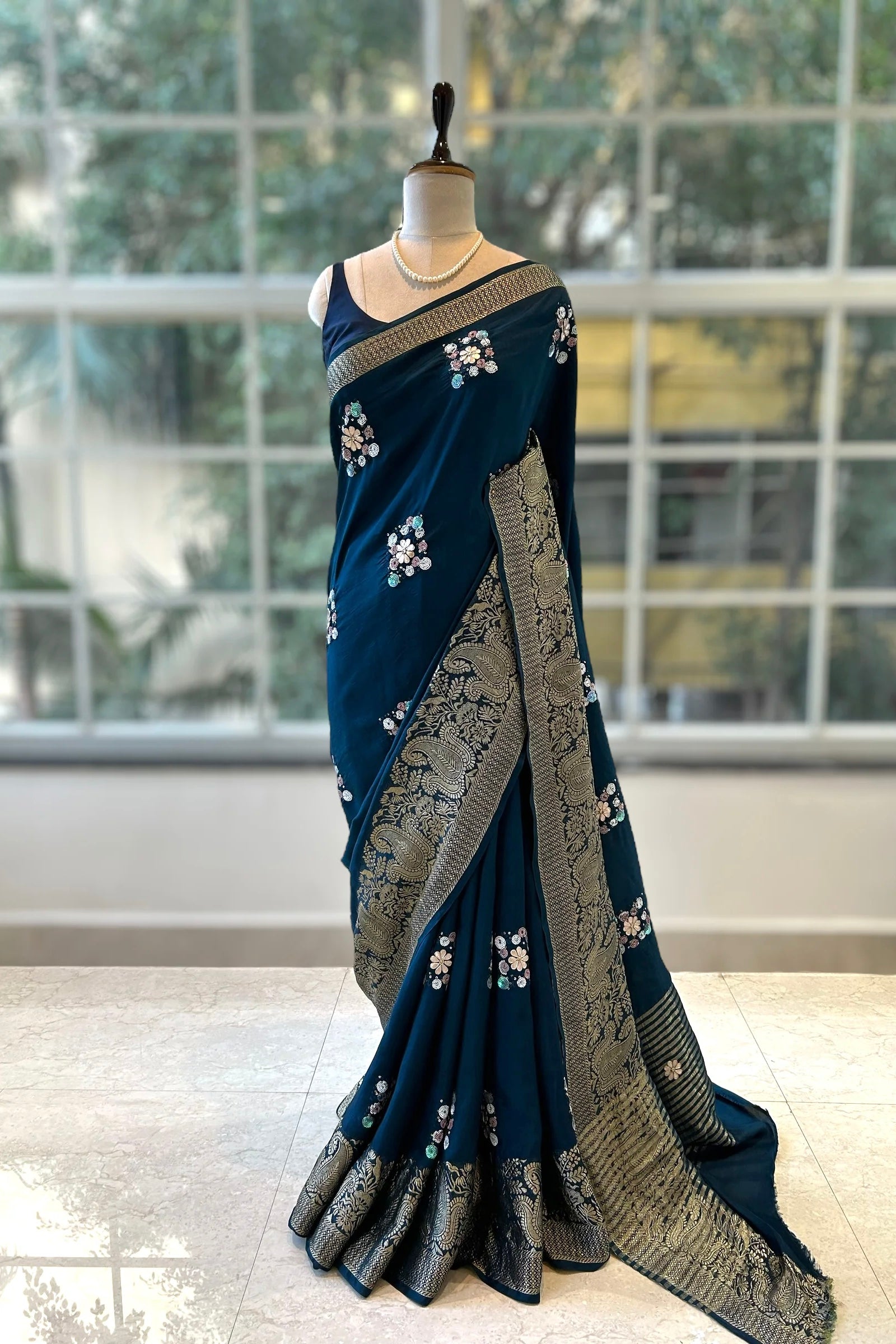 Navy blue russian zari saree