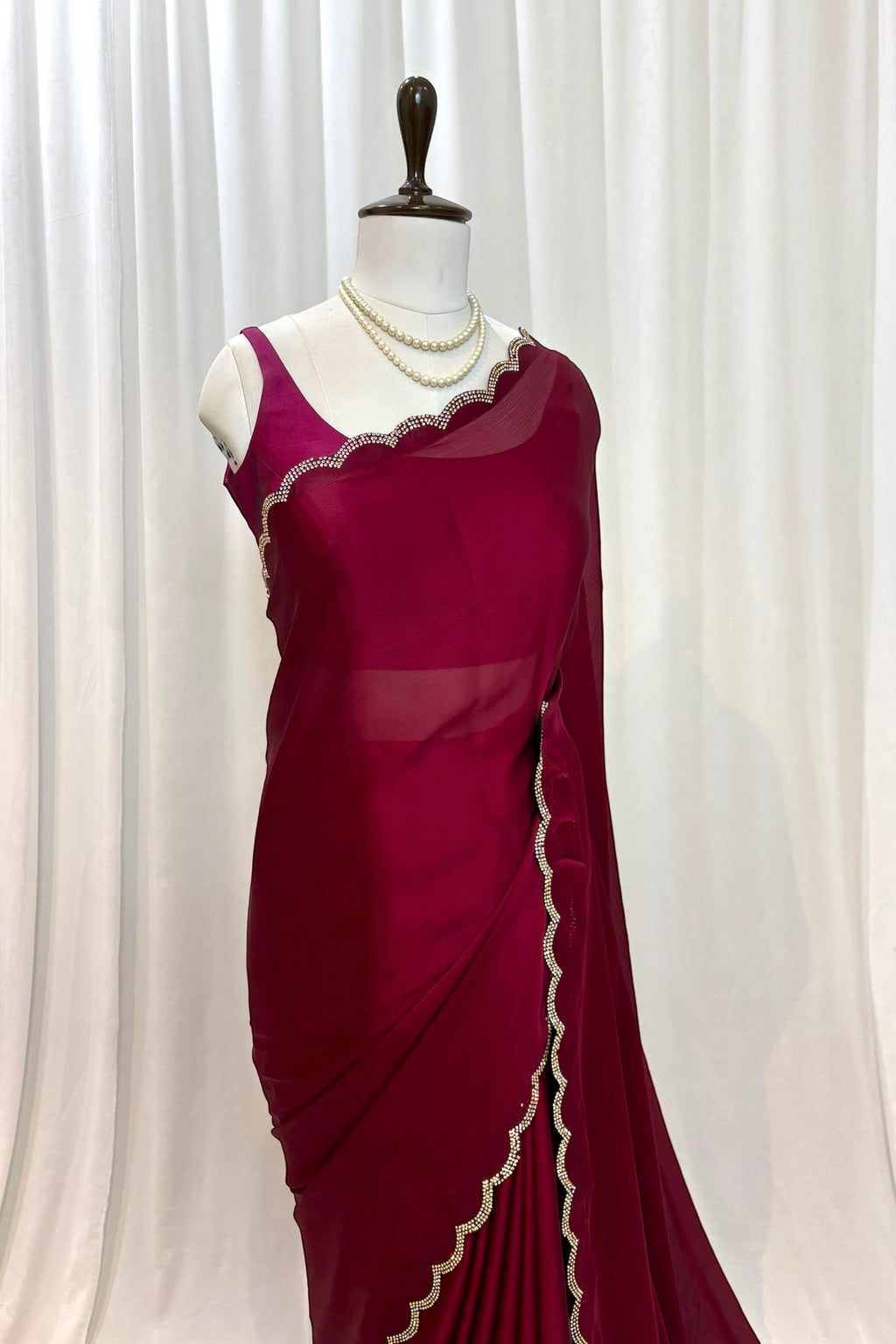 Satin chiffon scallop saree - Wine