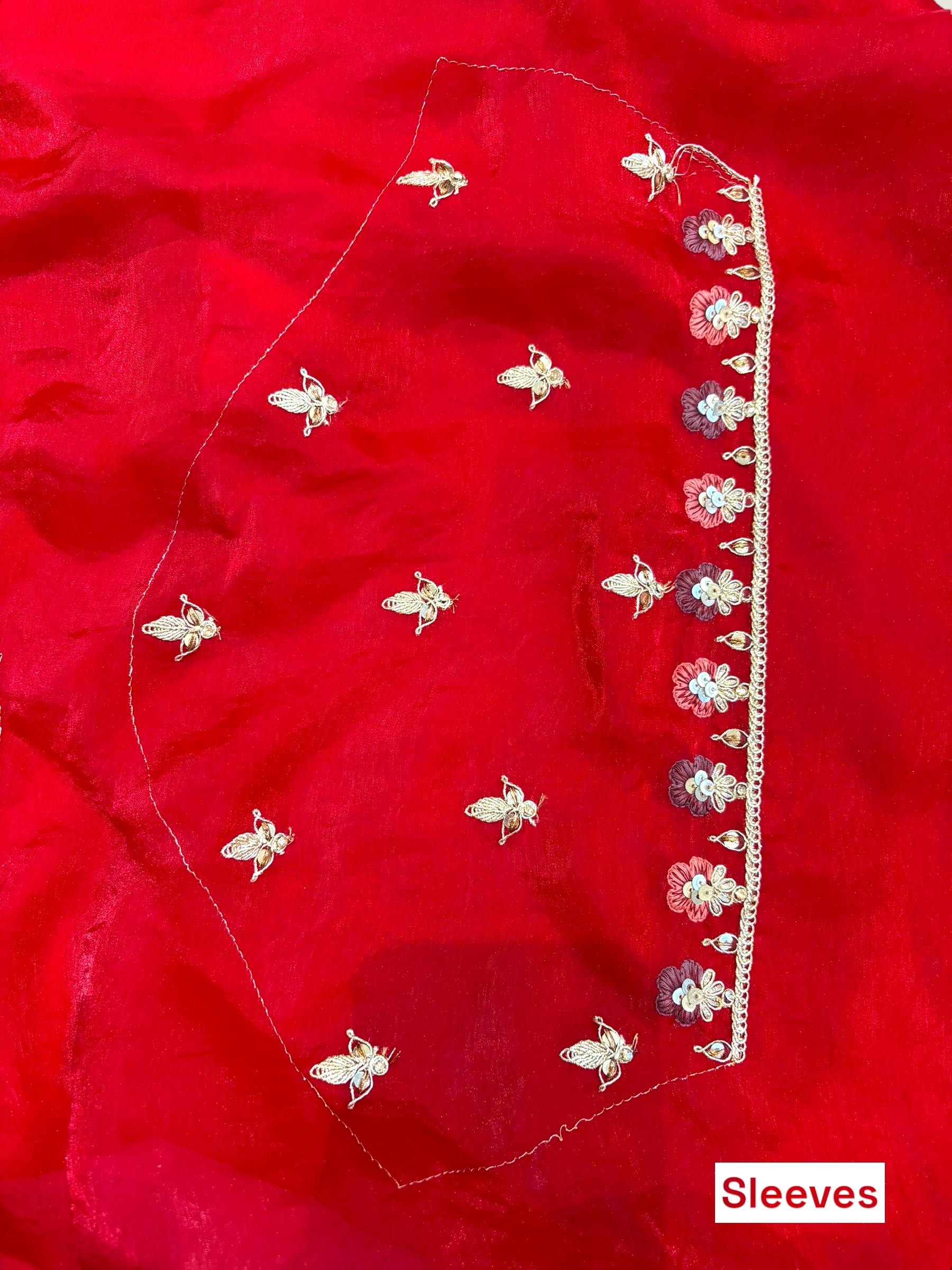 Red fendy satin designer work saree
