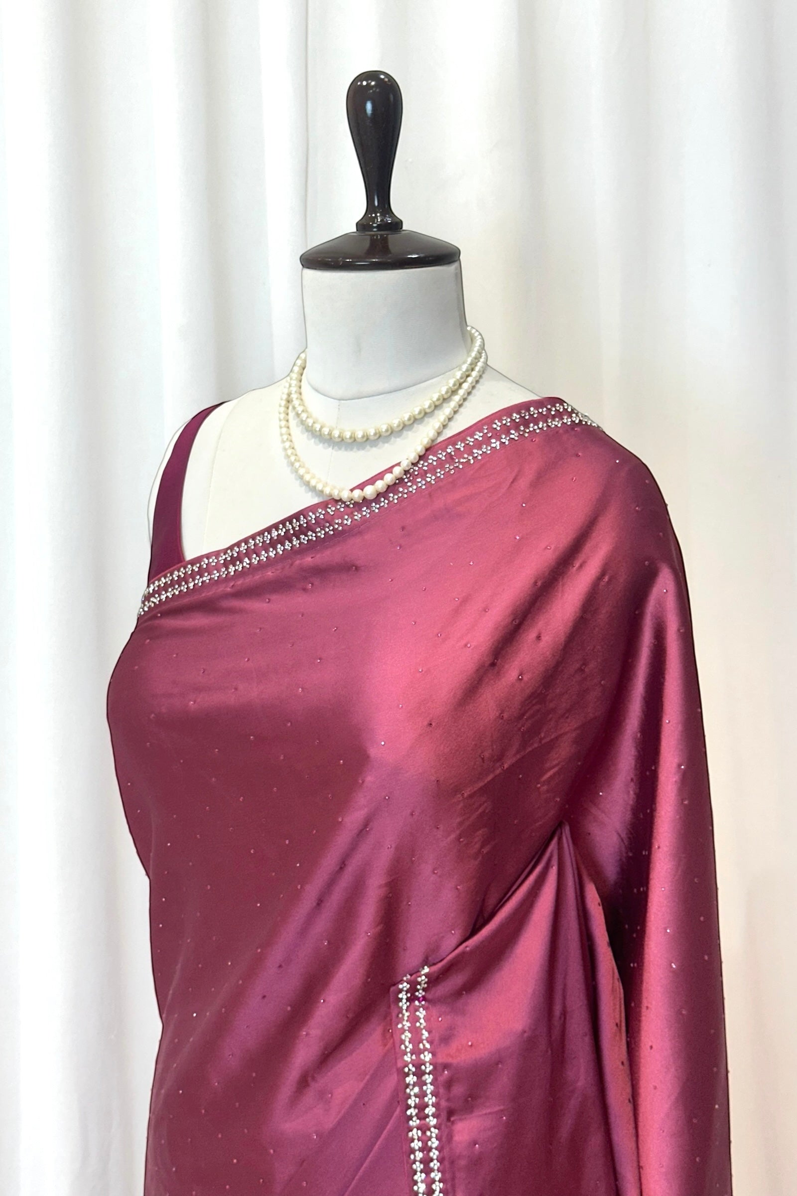 Satin swarovski embellished saree - Wine