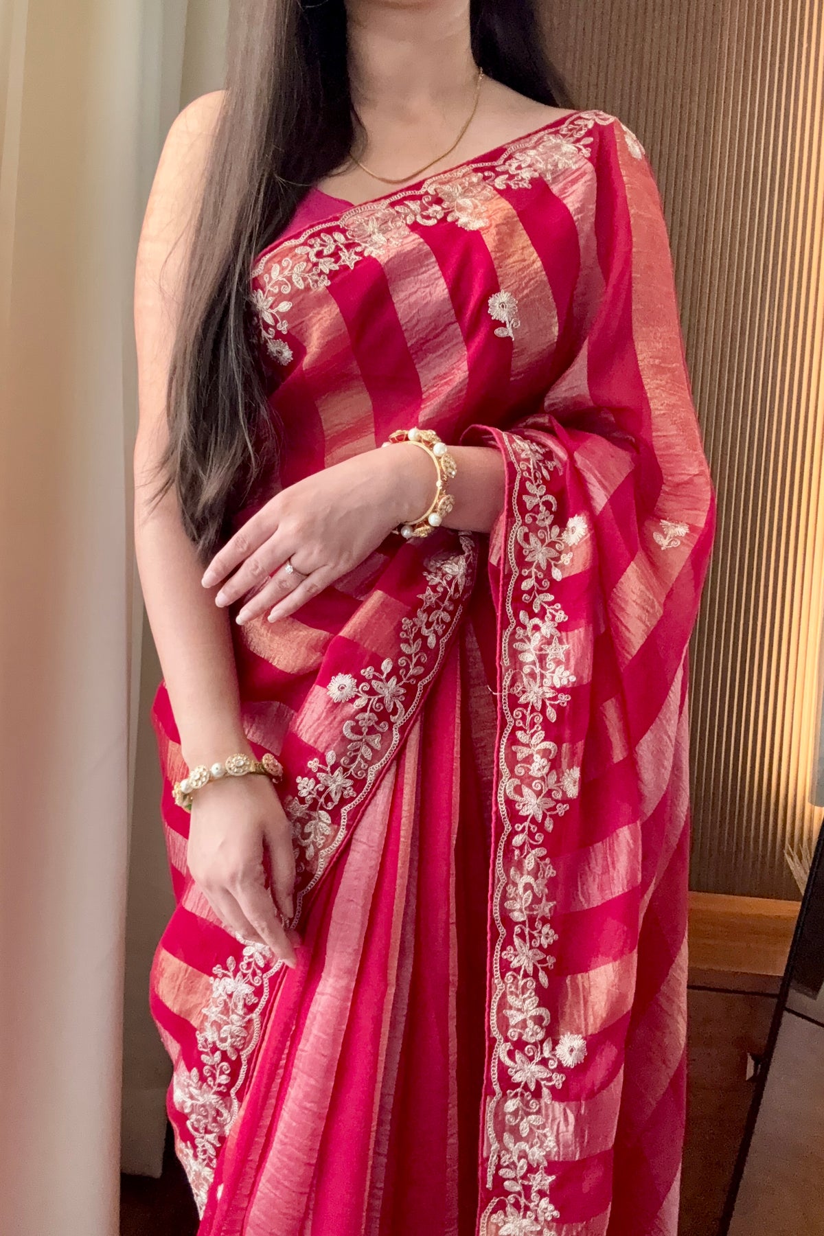 Red zari stipes aariwork saree