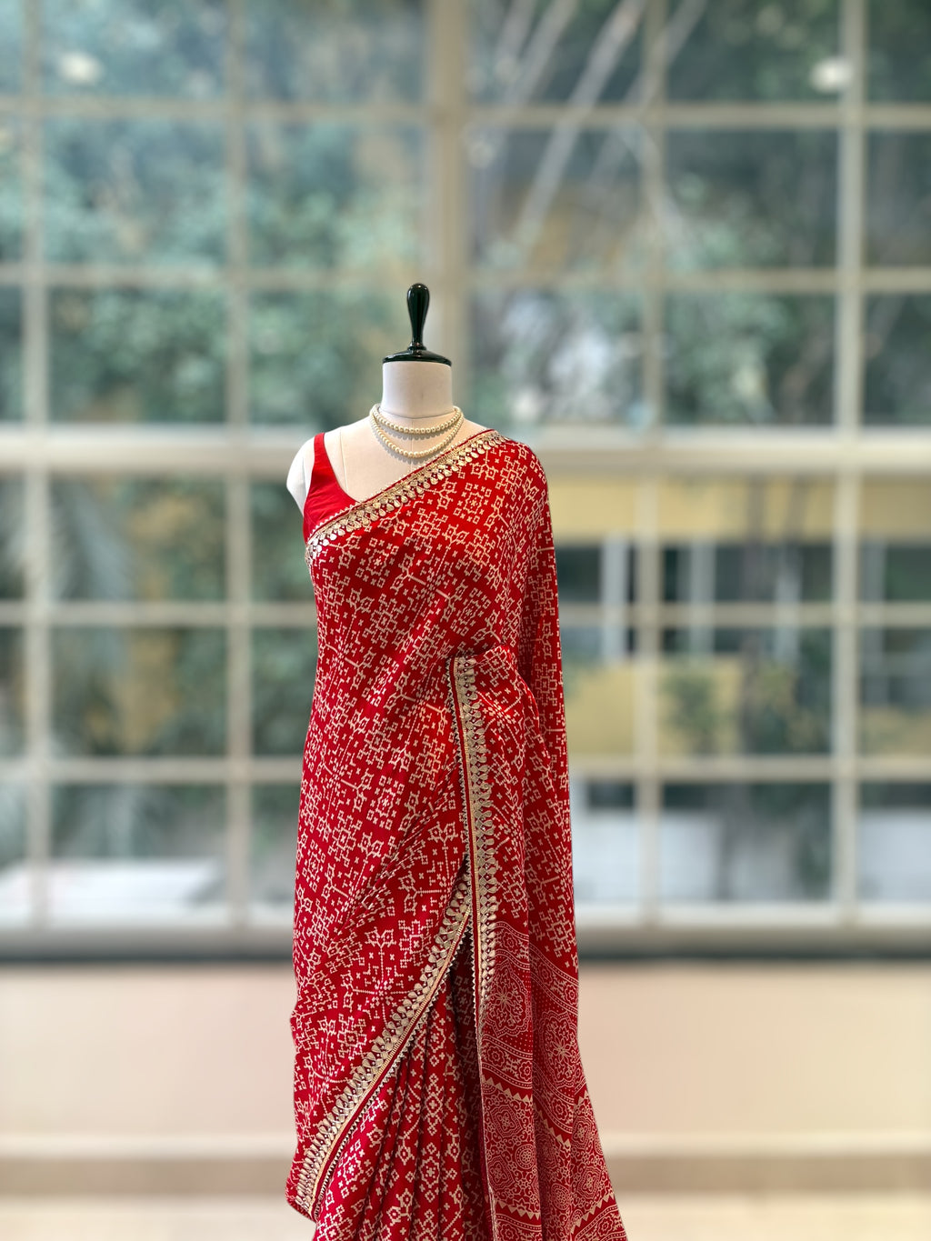 Ajrakh modal satin work saree - Red