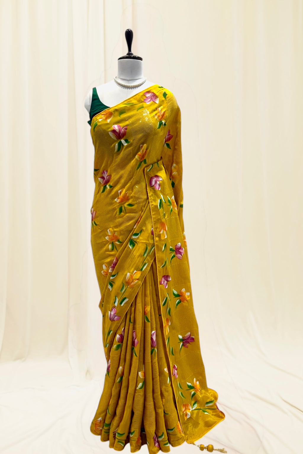 Floral sequins organza saree - Musturd