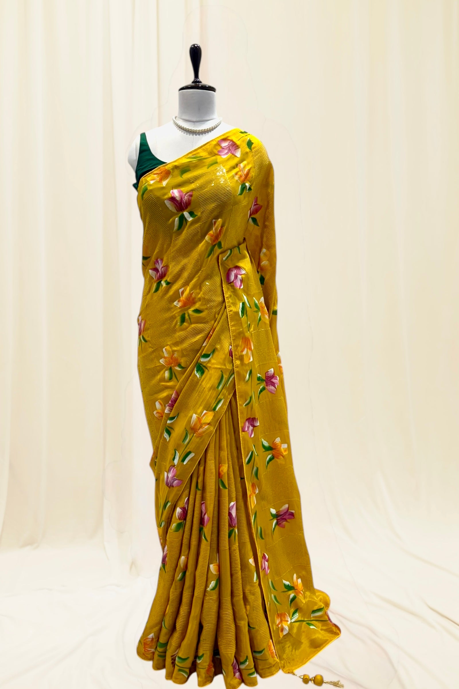 Floral sequins organza saree - Musturd