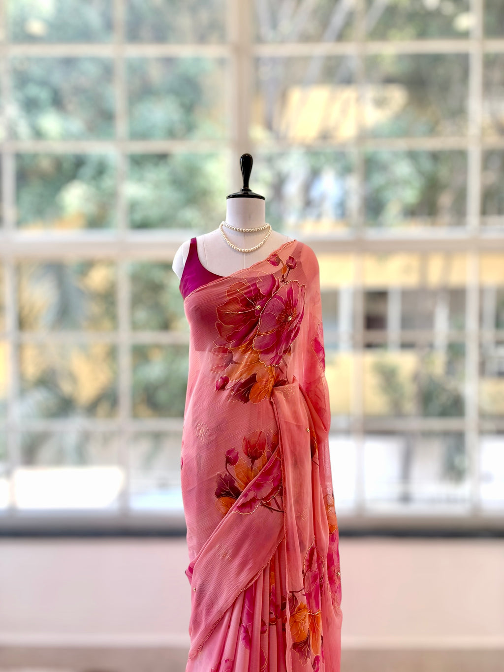 Floral chiffon embellished saree - Pink