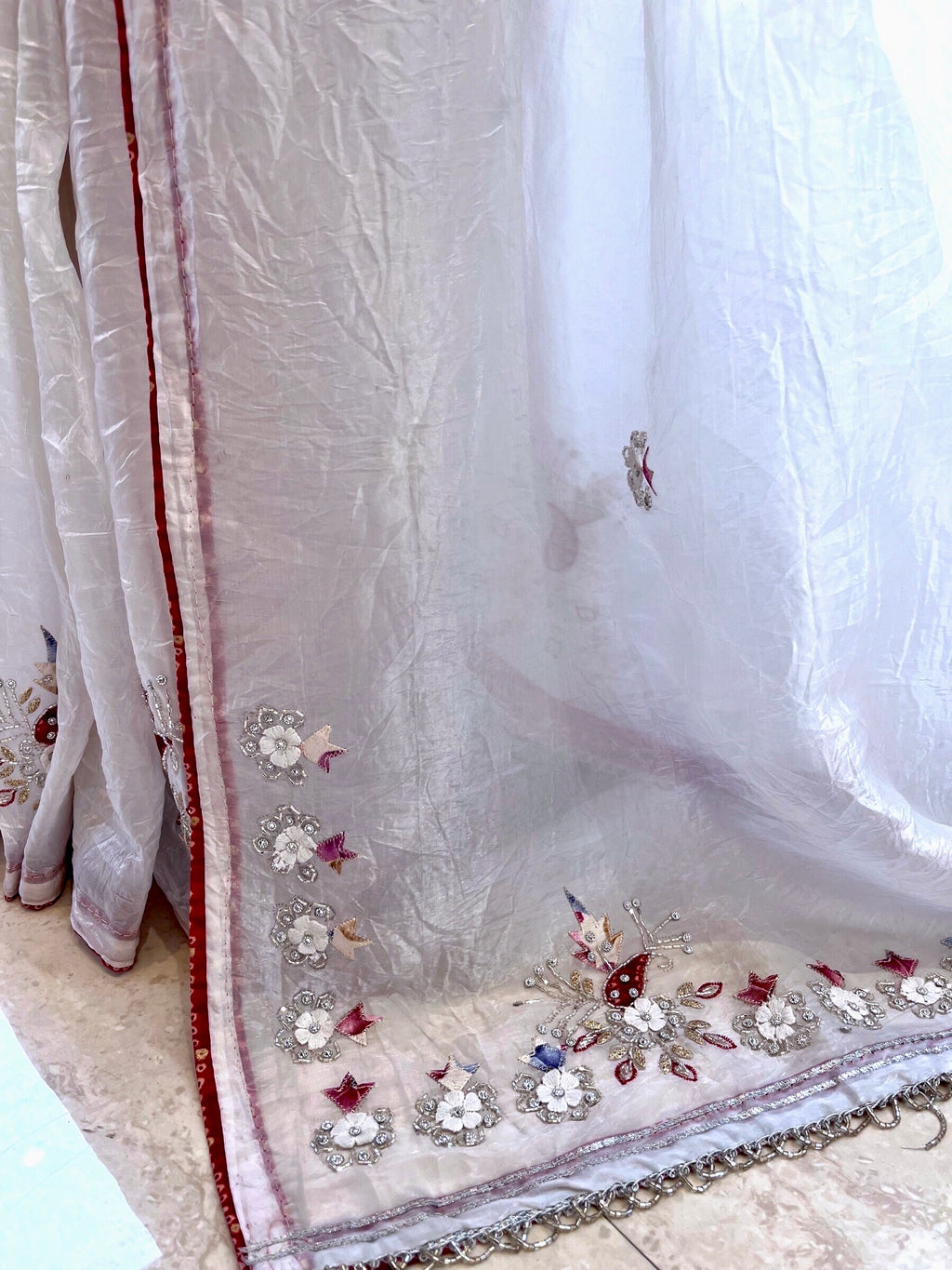 White crushed organza embellished saree