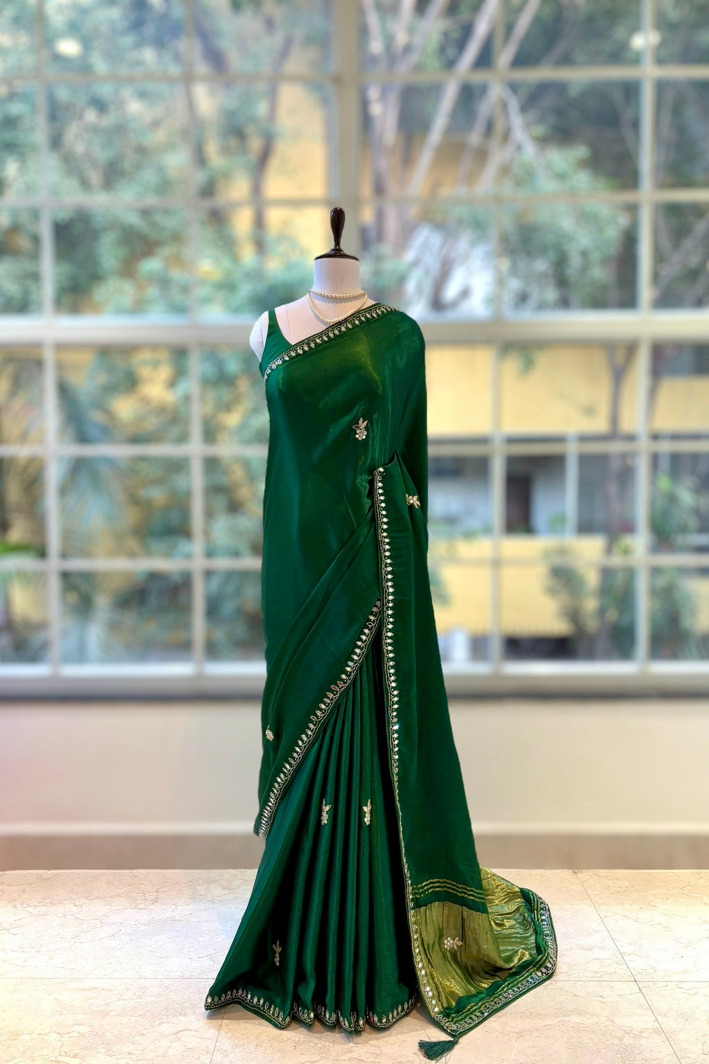 Modal satin mirror work saree - Bottle green
