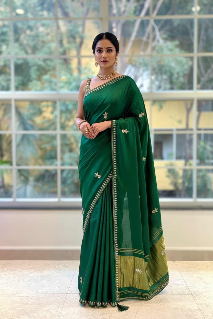 Modal satin mirror work saree - Bottle green
