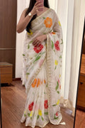 White floral multicolour organza saree