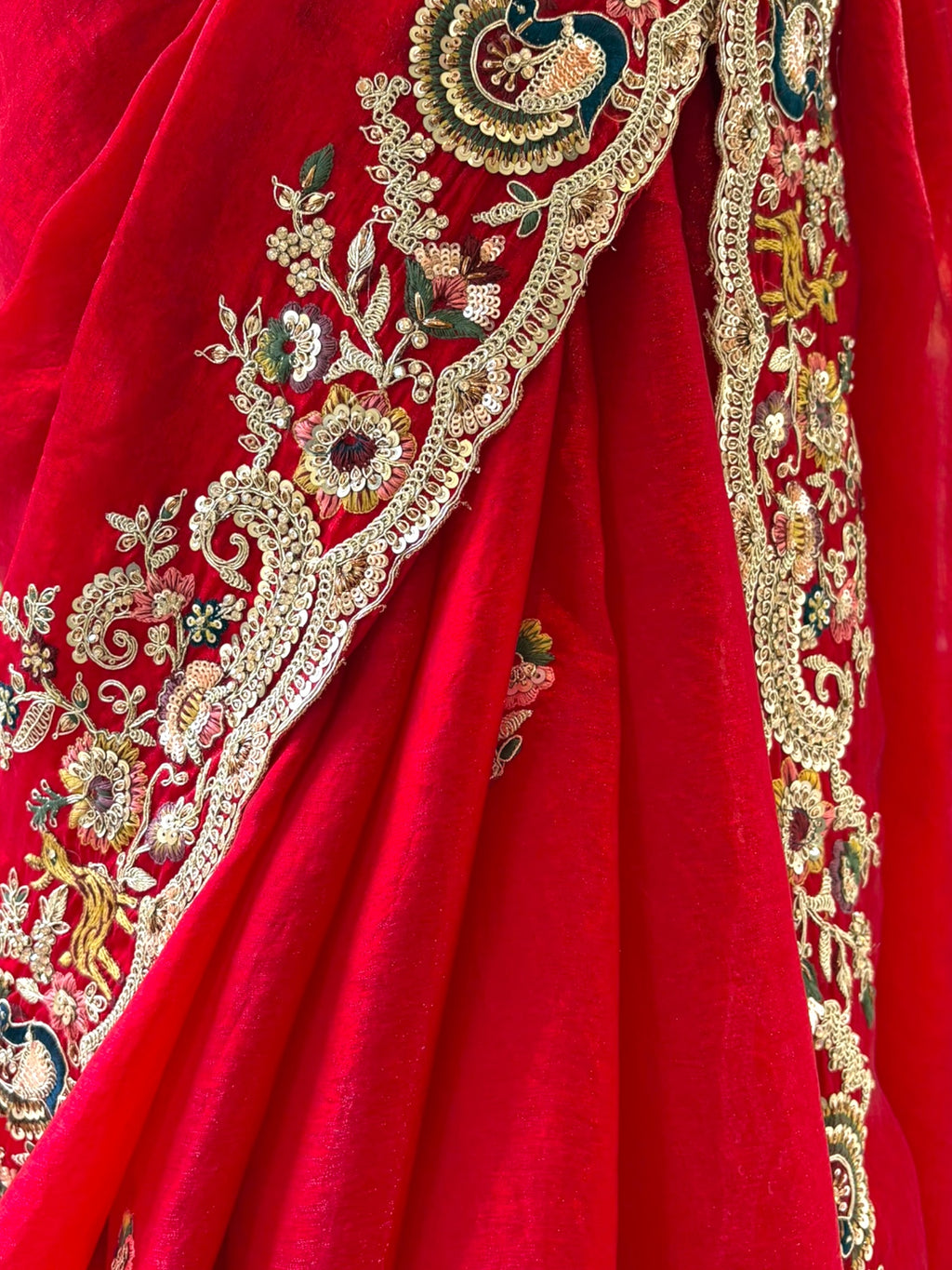 Red fendy satin designer work saree