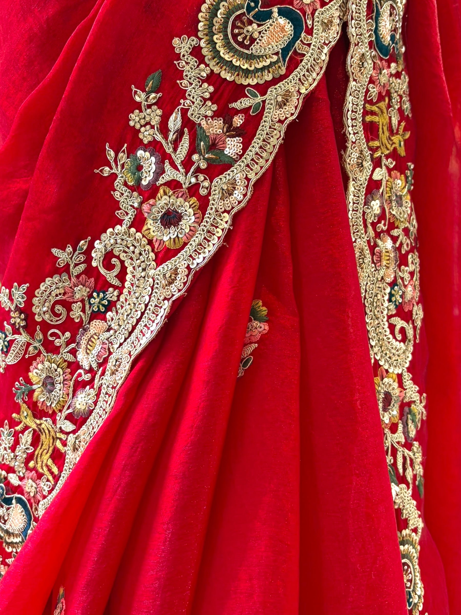 Red fendy satin designer work saree