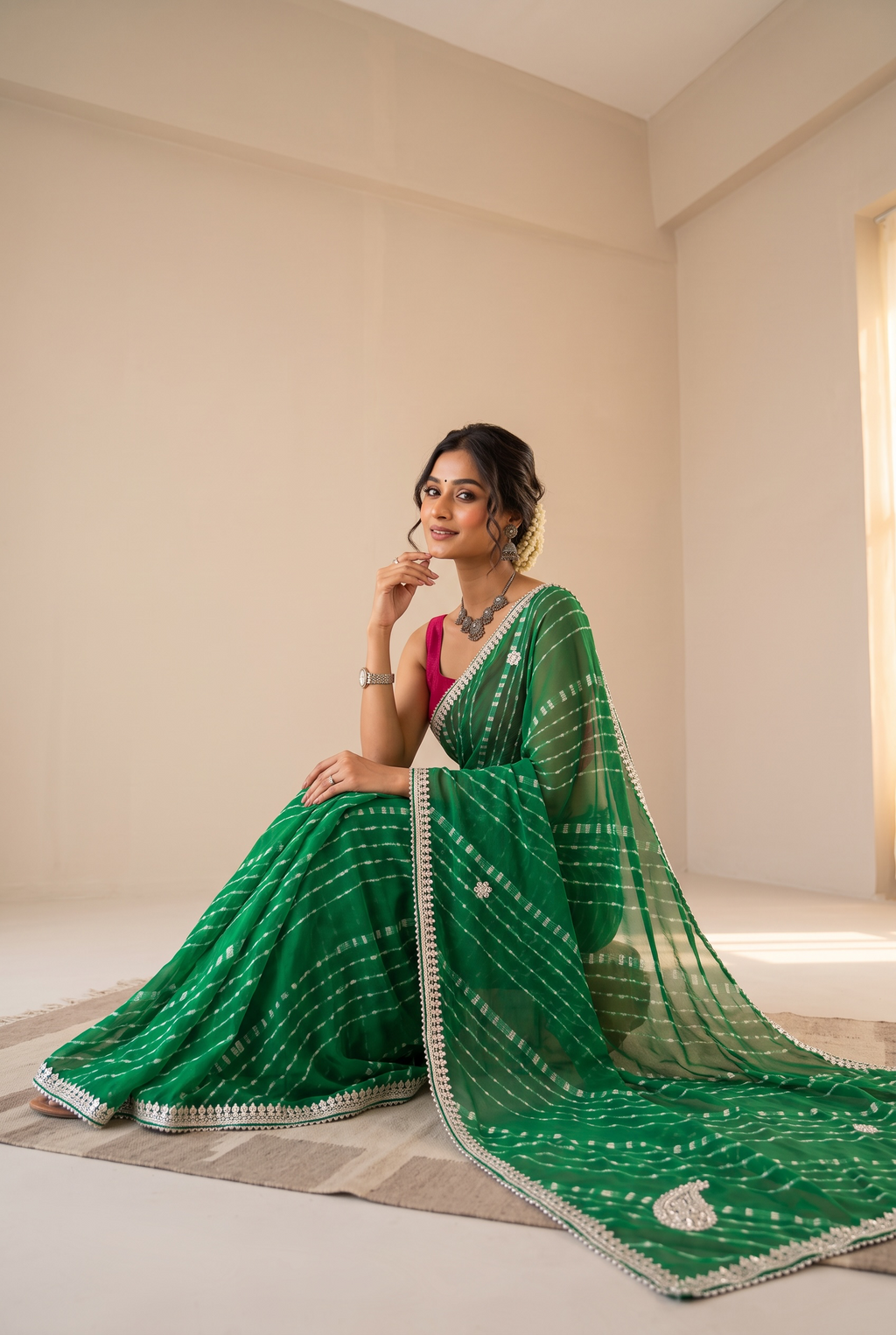 Georgette bandhani print gotta work saree - Bottle Green