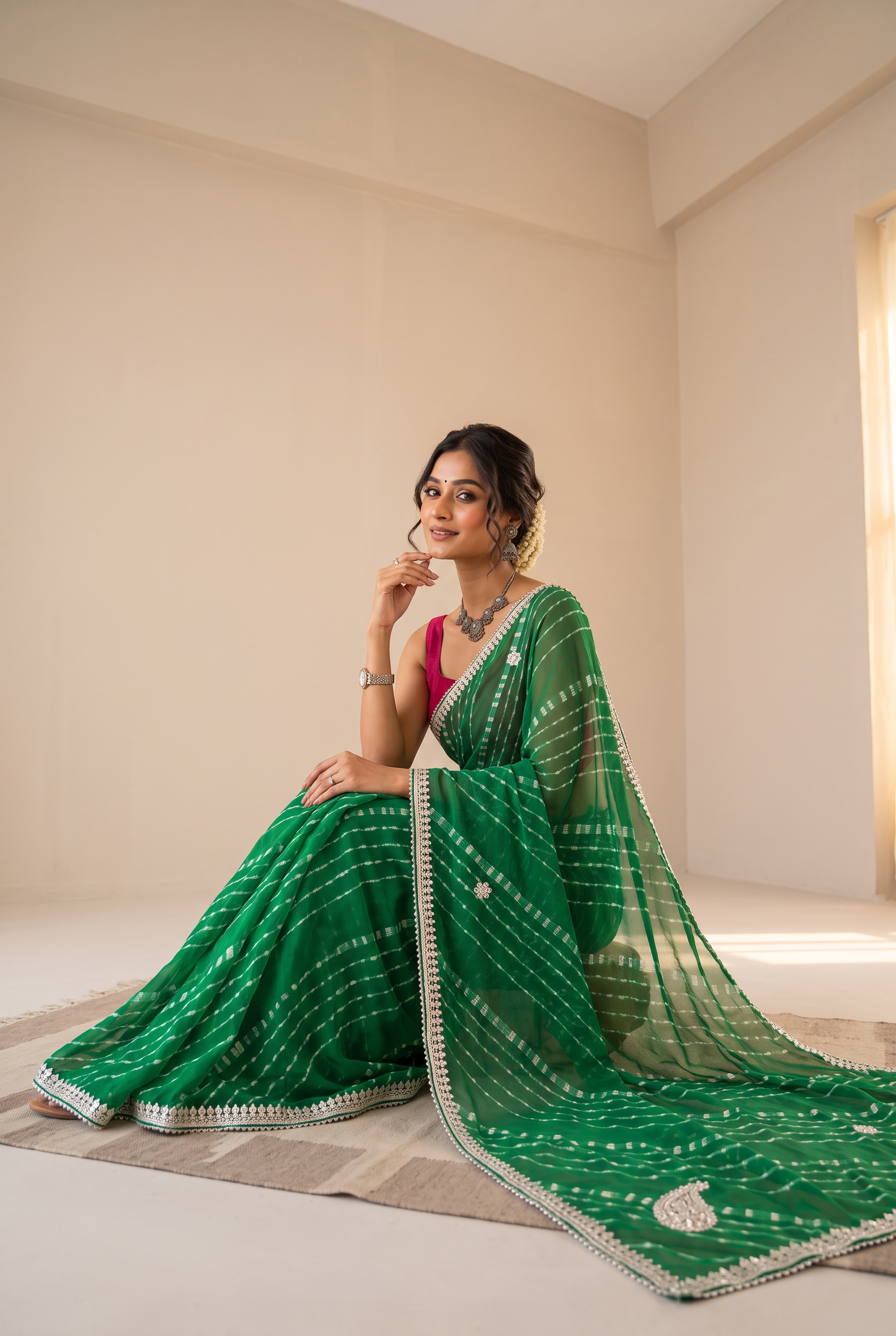 Georgette bandhani print gotta work saree - Bottle Green