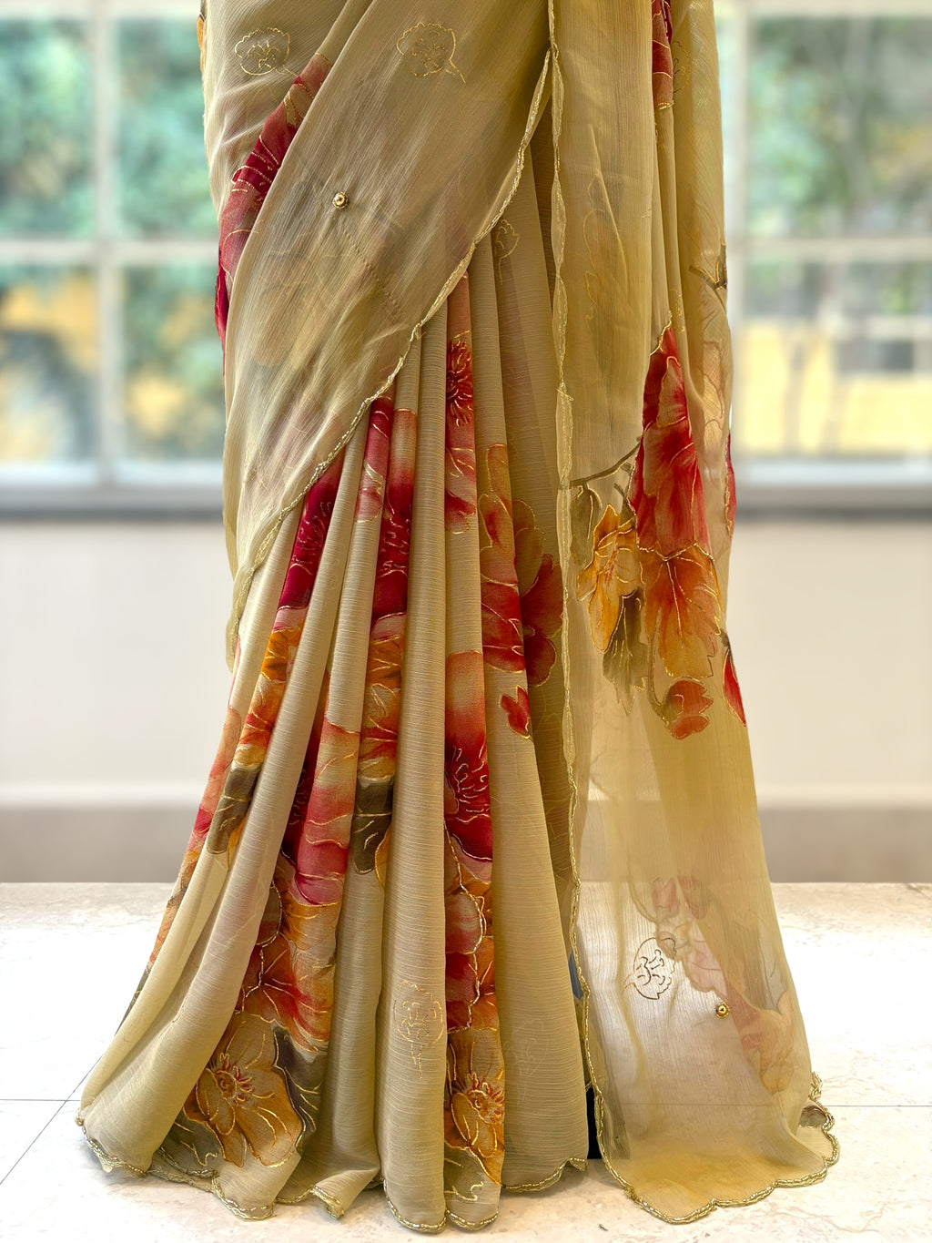 Floral chiffon embellished saree - Golden