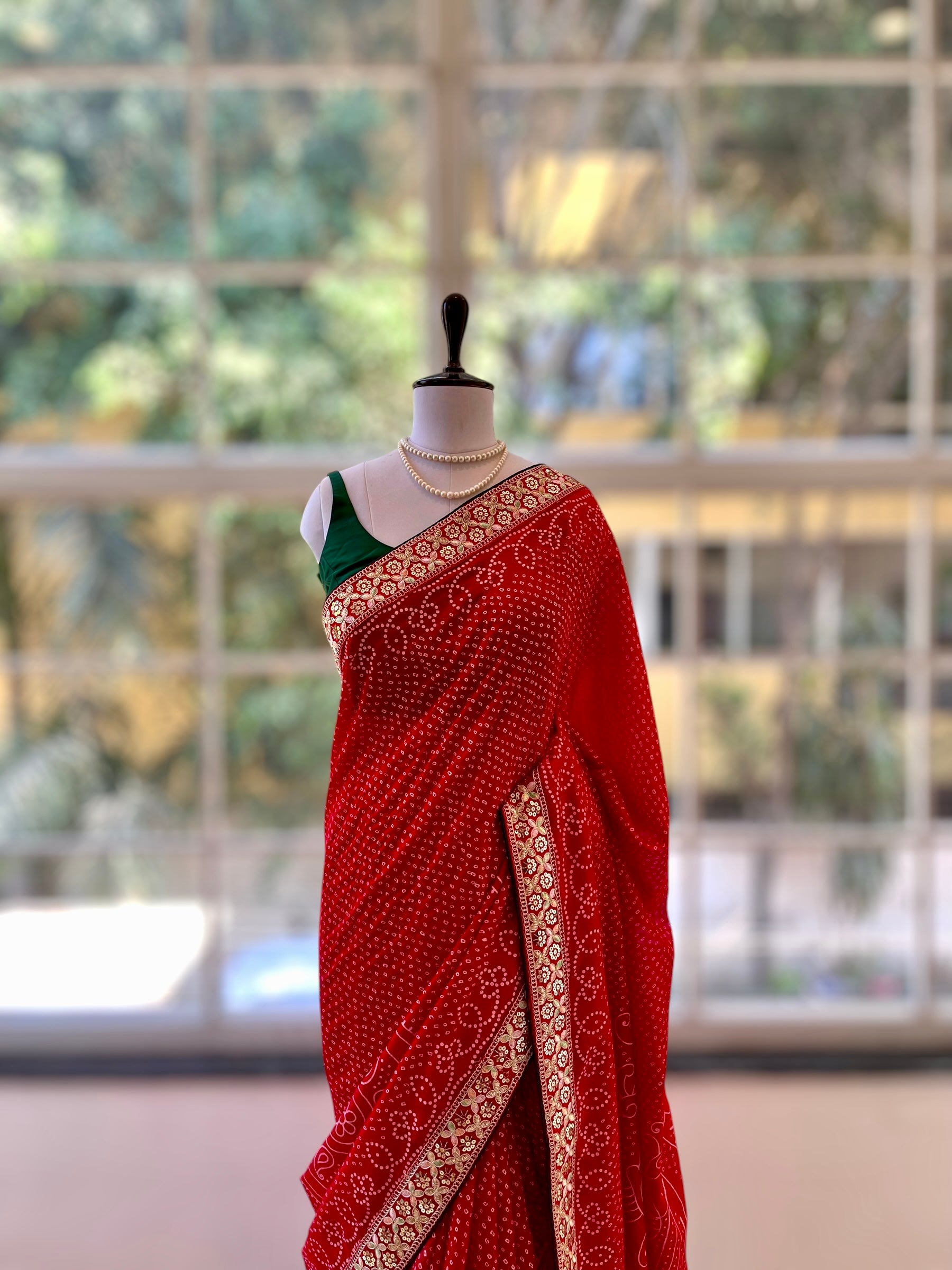 Red Bandhani Printed Saree