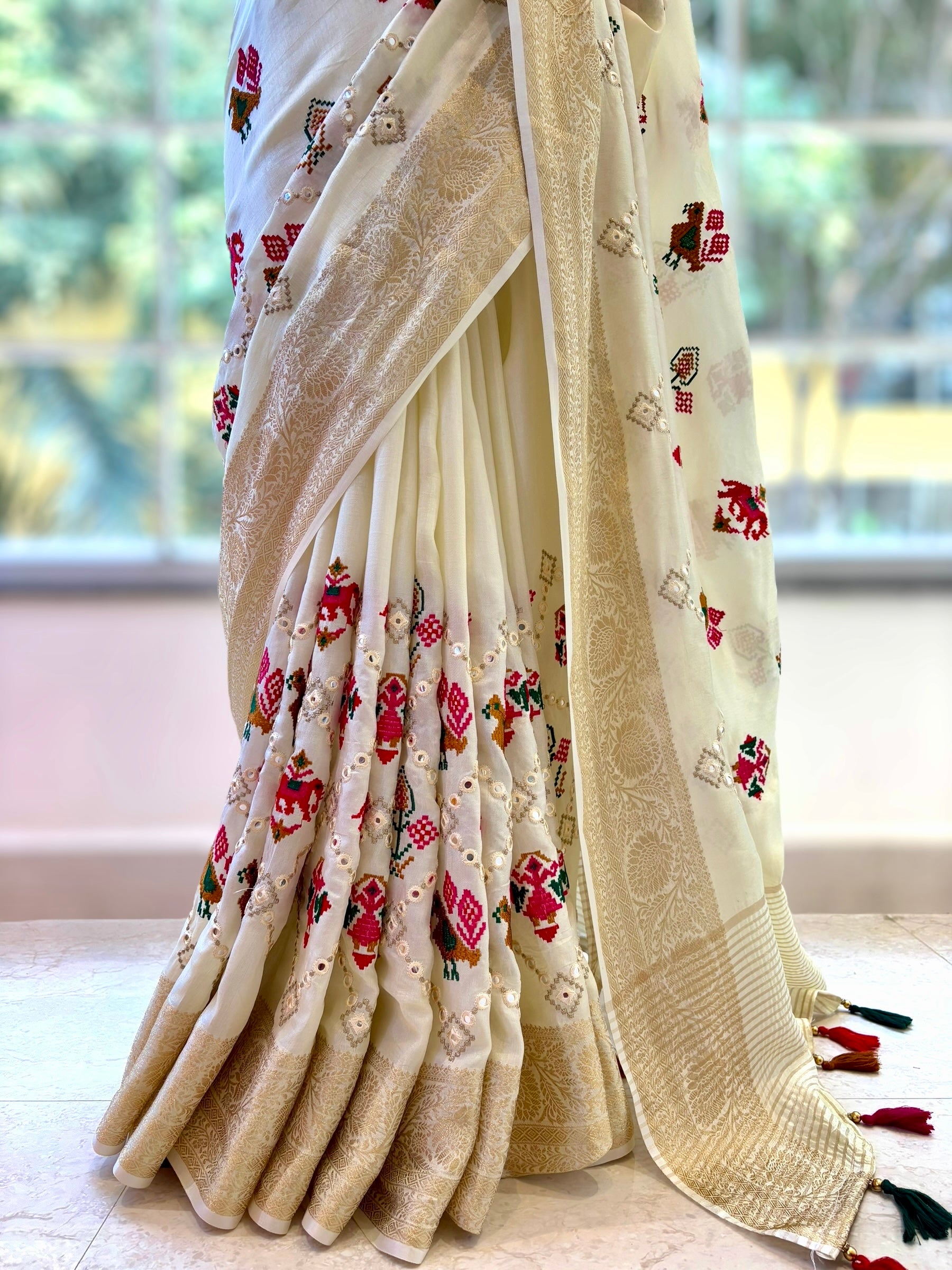 Pure resham patola mirror work saree - White