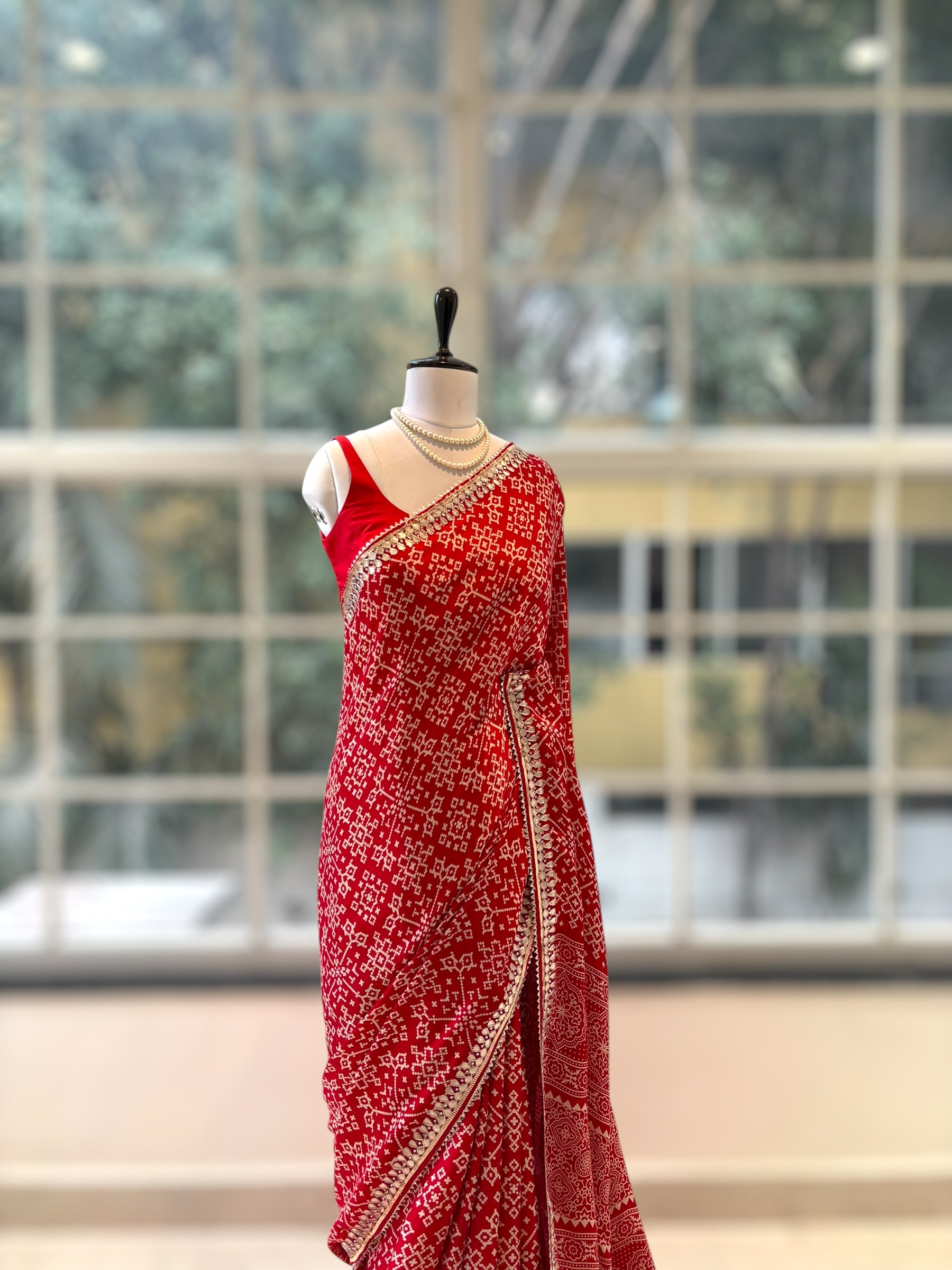 Ajrakh modal satin work saree - Red