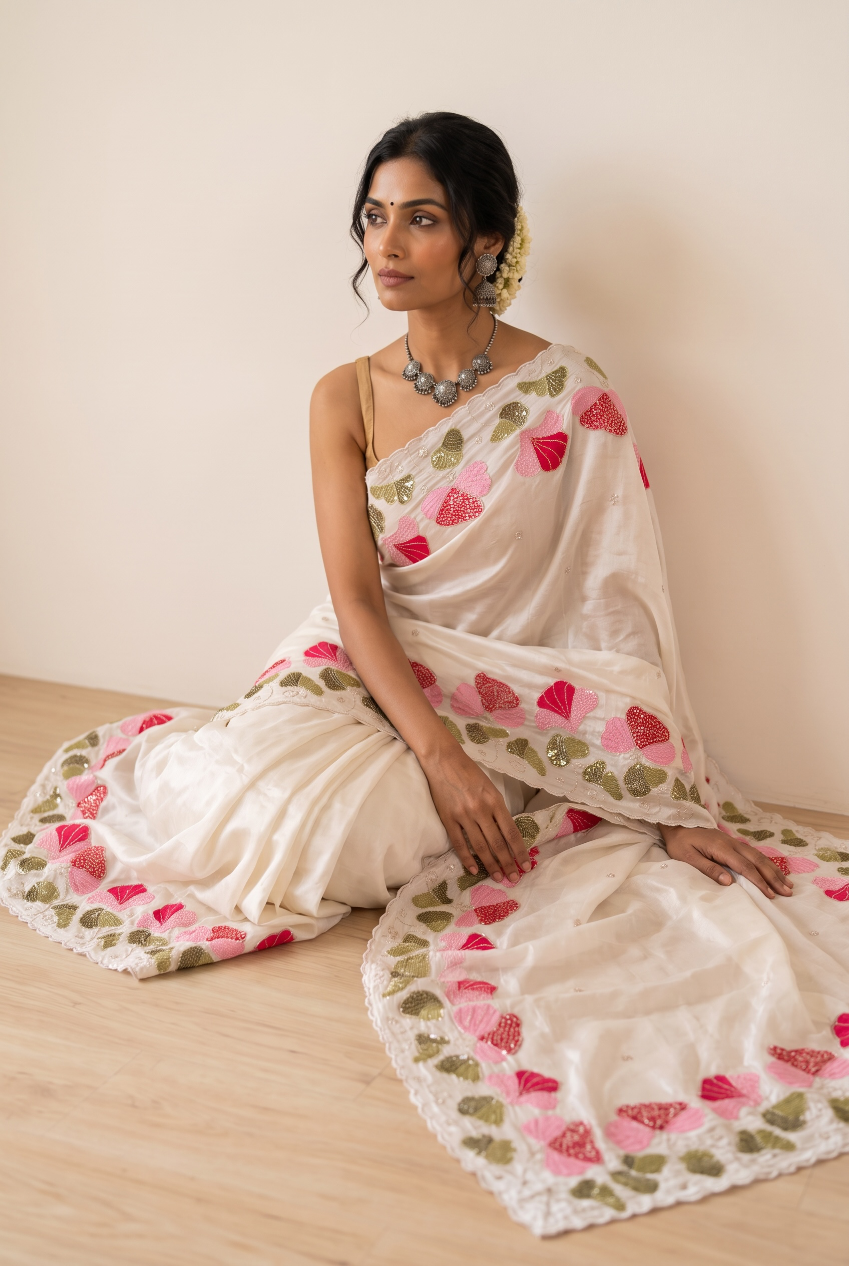 Floral sequins pure organza saree - White