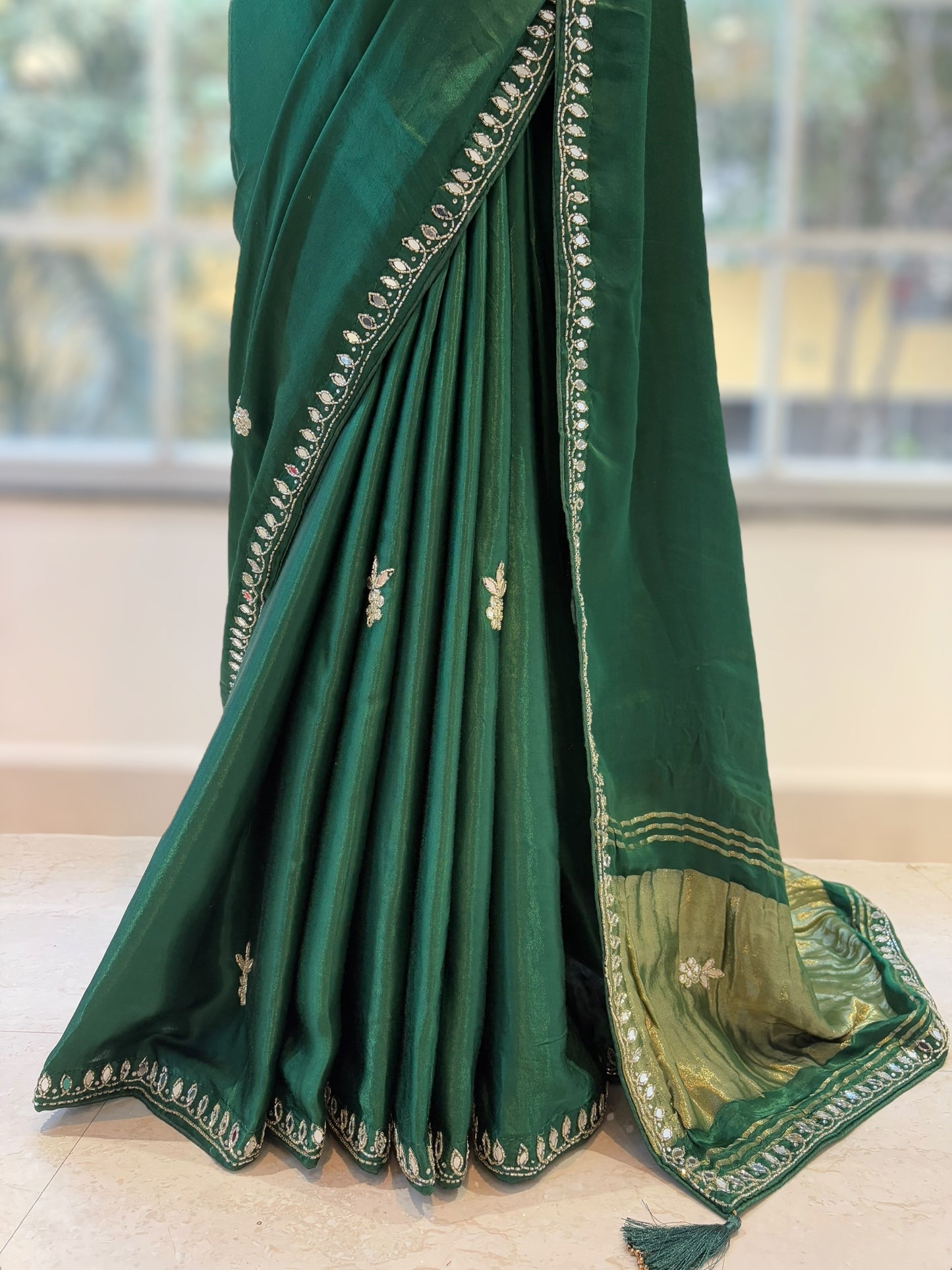 Modal satin mirror work saree - Bottle green