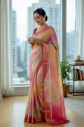Multicolour Chiffon Threadwork Saree - Pink